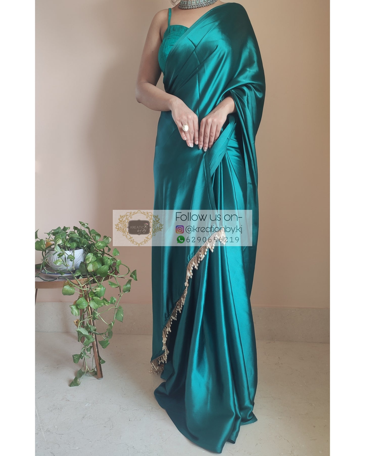 Bottle Green Satin Silk Saree With Handmade Tassels On Pallu - kreationbykj