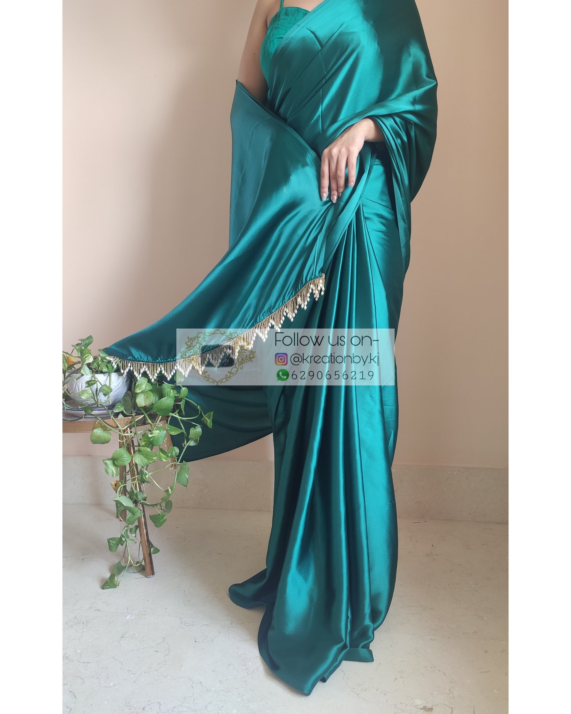 Bottle Green Satin Silk Saree With Handmade Tassels On Pallu - kreationbykj