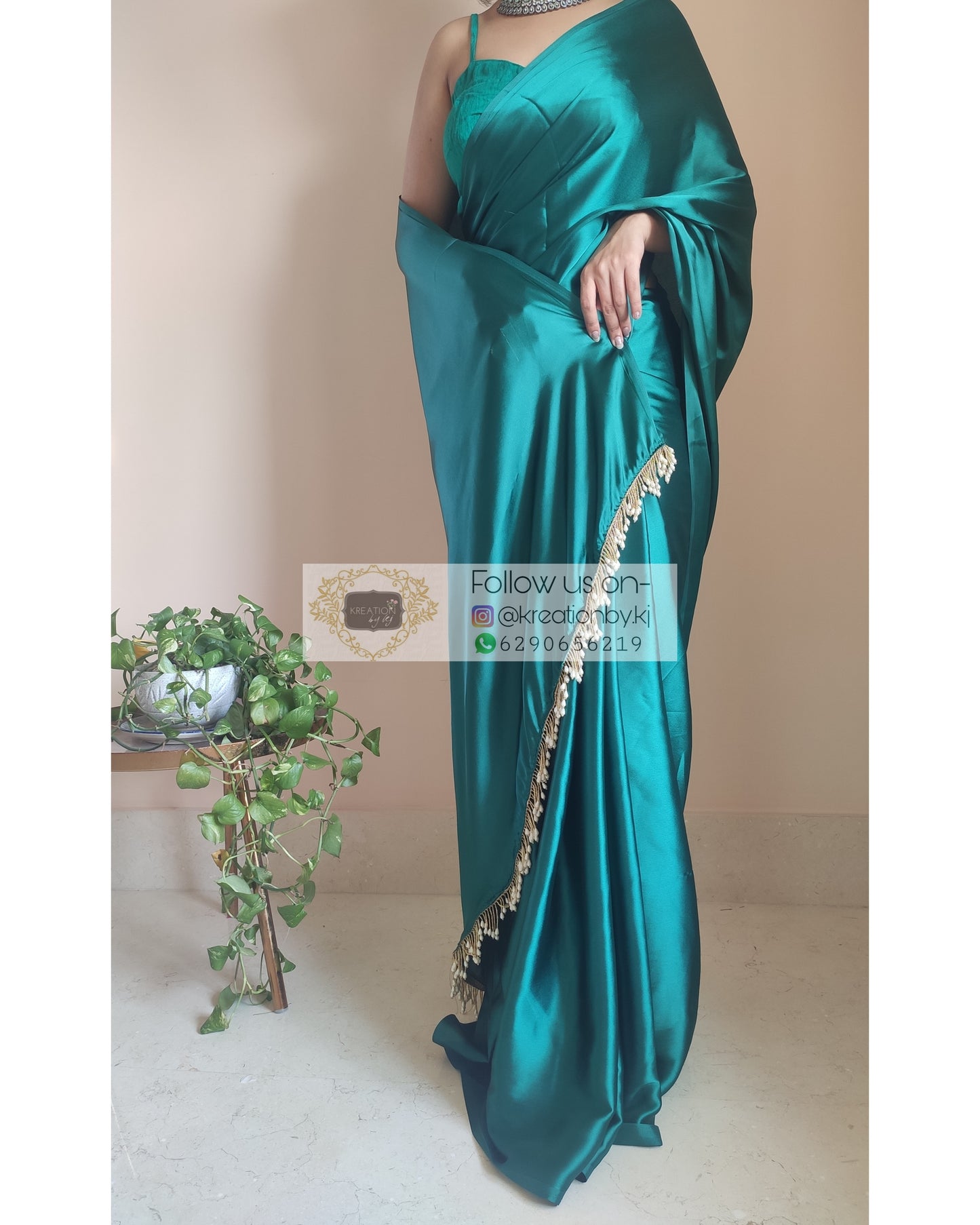 Bottle Green Satin Silk Saree With Handmade Tassels On Pallu - kreationbykj