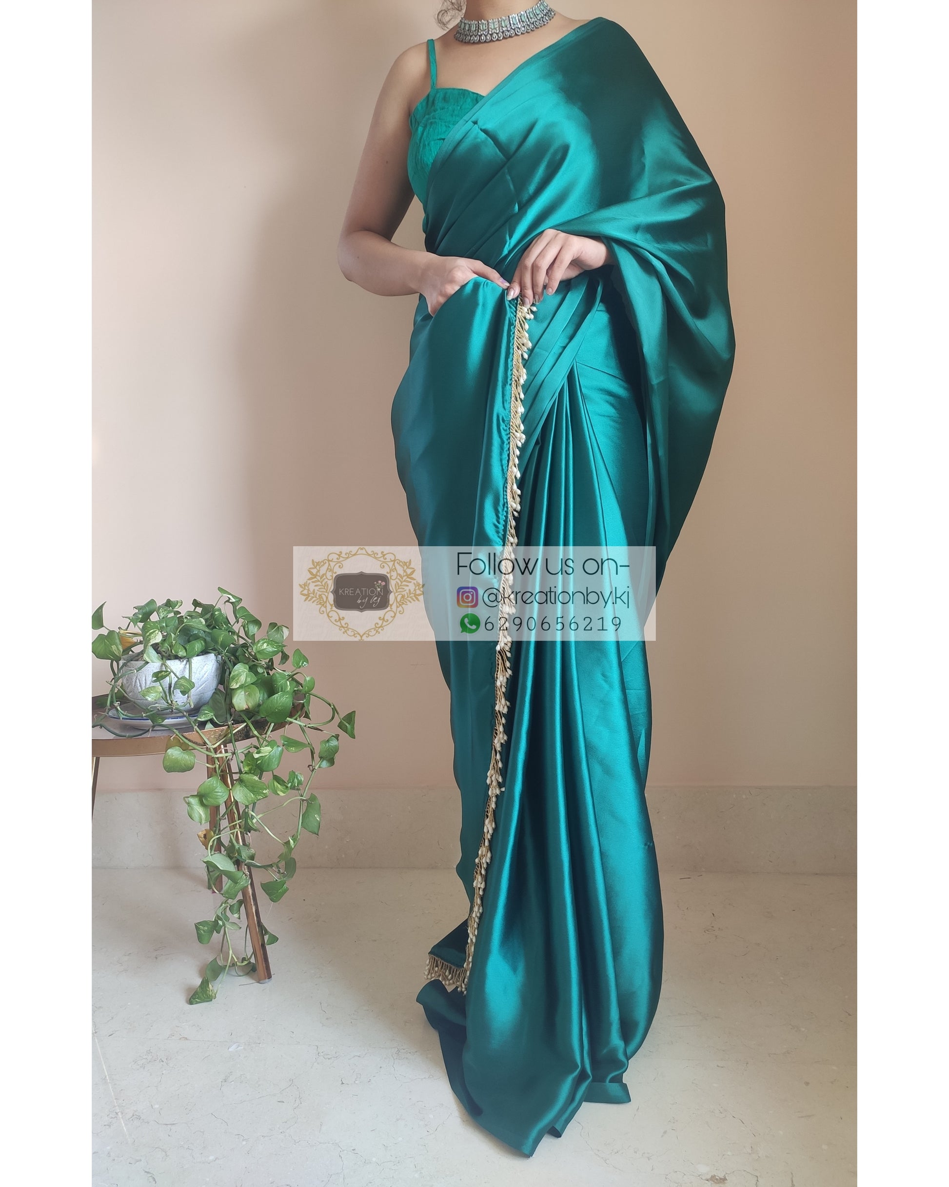 Bottle Green Satin Silk Saree With Handmade Tassels On Pallu - kreationbykj