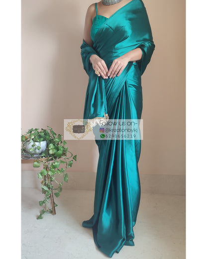 Bottle Green Satin Silk Saree With Handmade Tassels On Pallu - kreationbykj