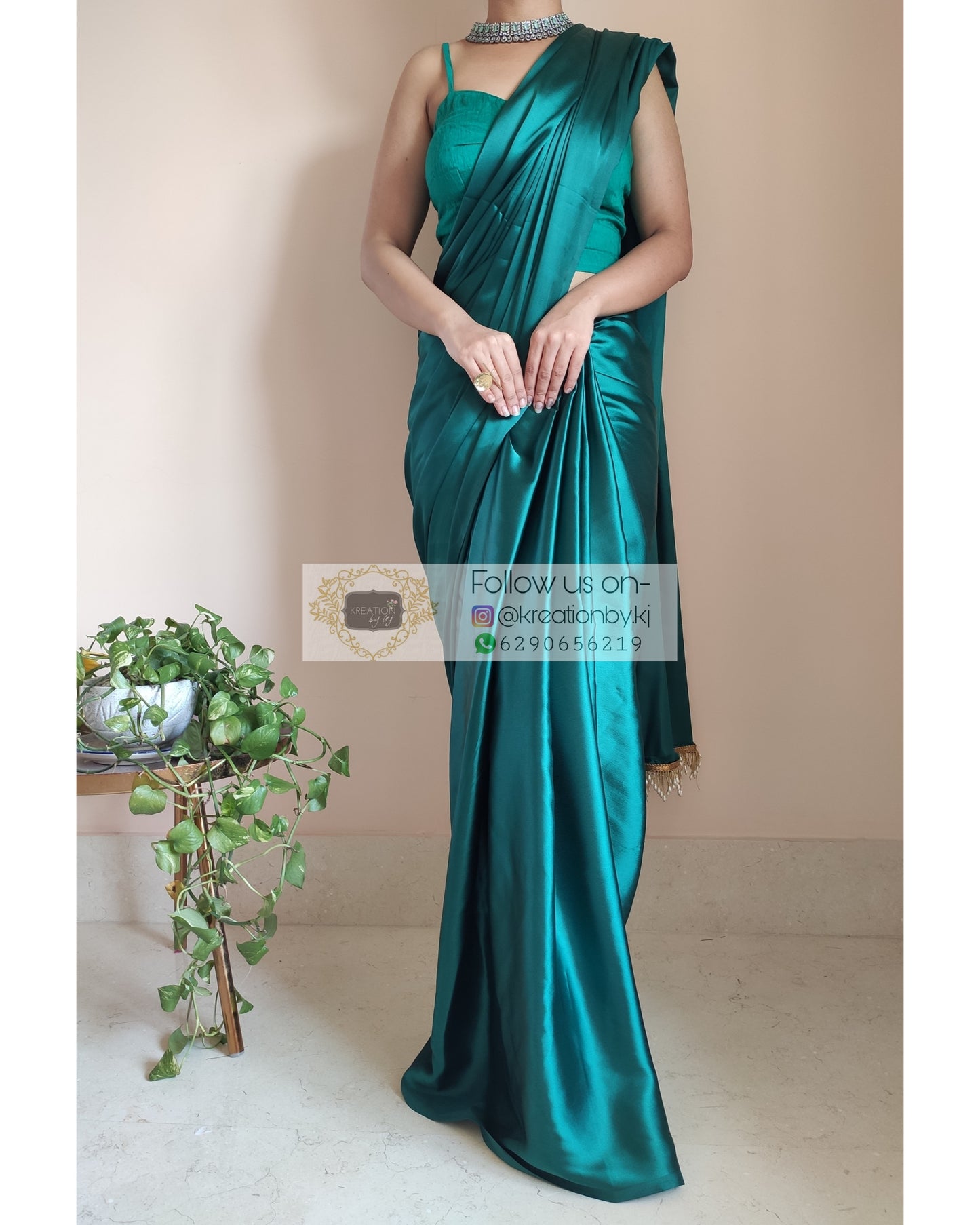 Bottle Green Satin Silk Saree With Handmade Tassels On Pallu - kreationbykj