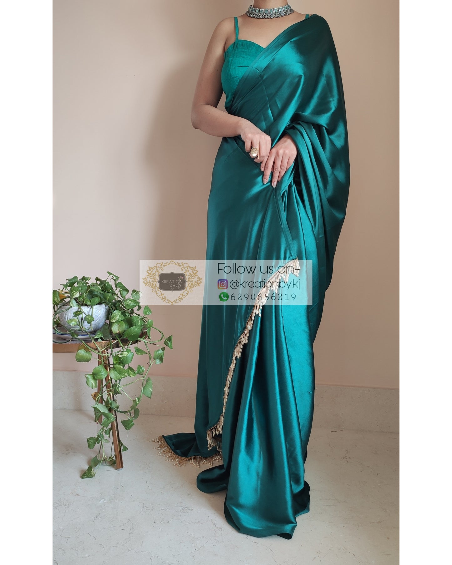 Bottle Green Satin Silk Saree With Handmade Tassels On Pallu - kreationbykj