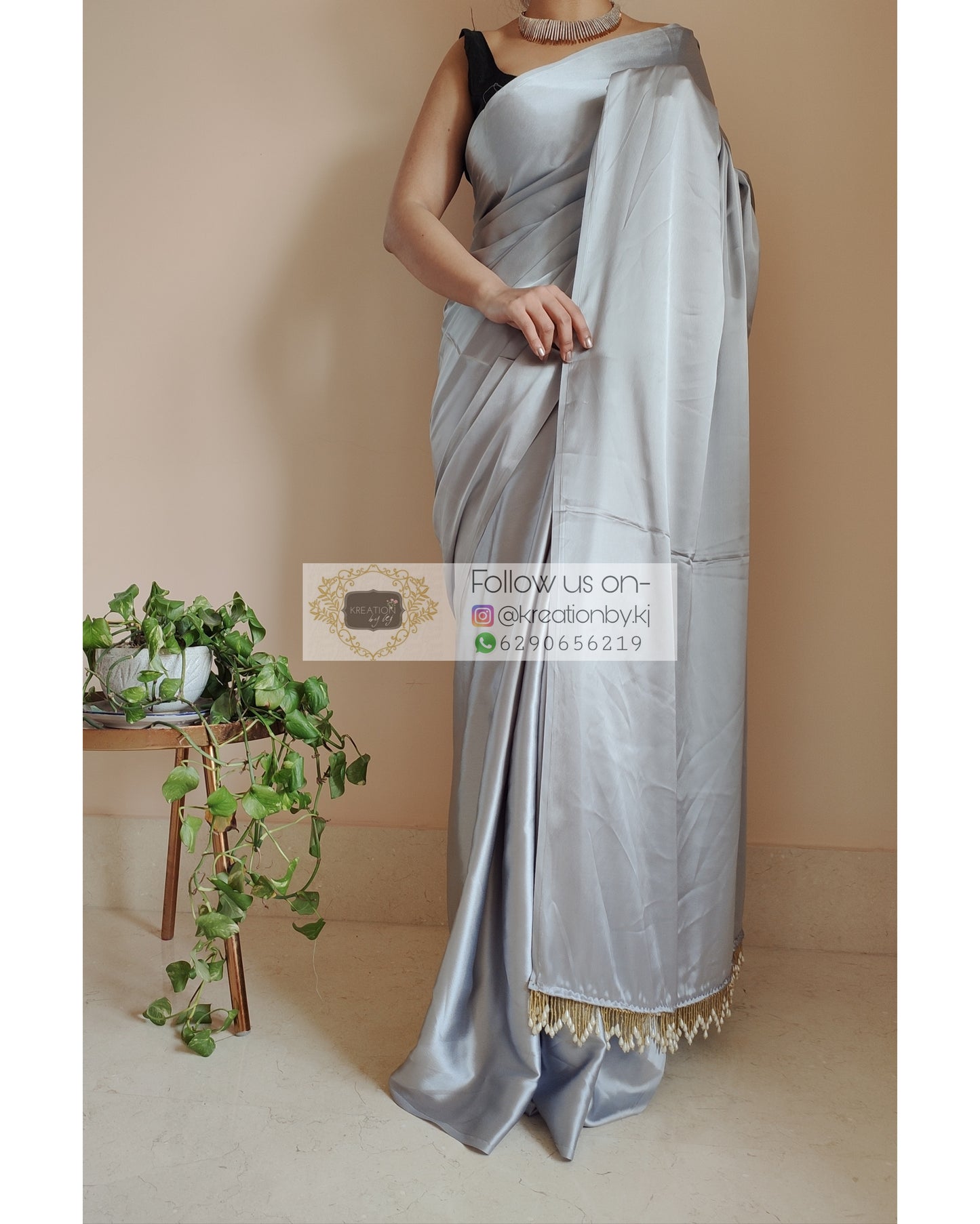 Silver Satin Silk Saree With Handmade Tassels On Pallu - kreationbykj