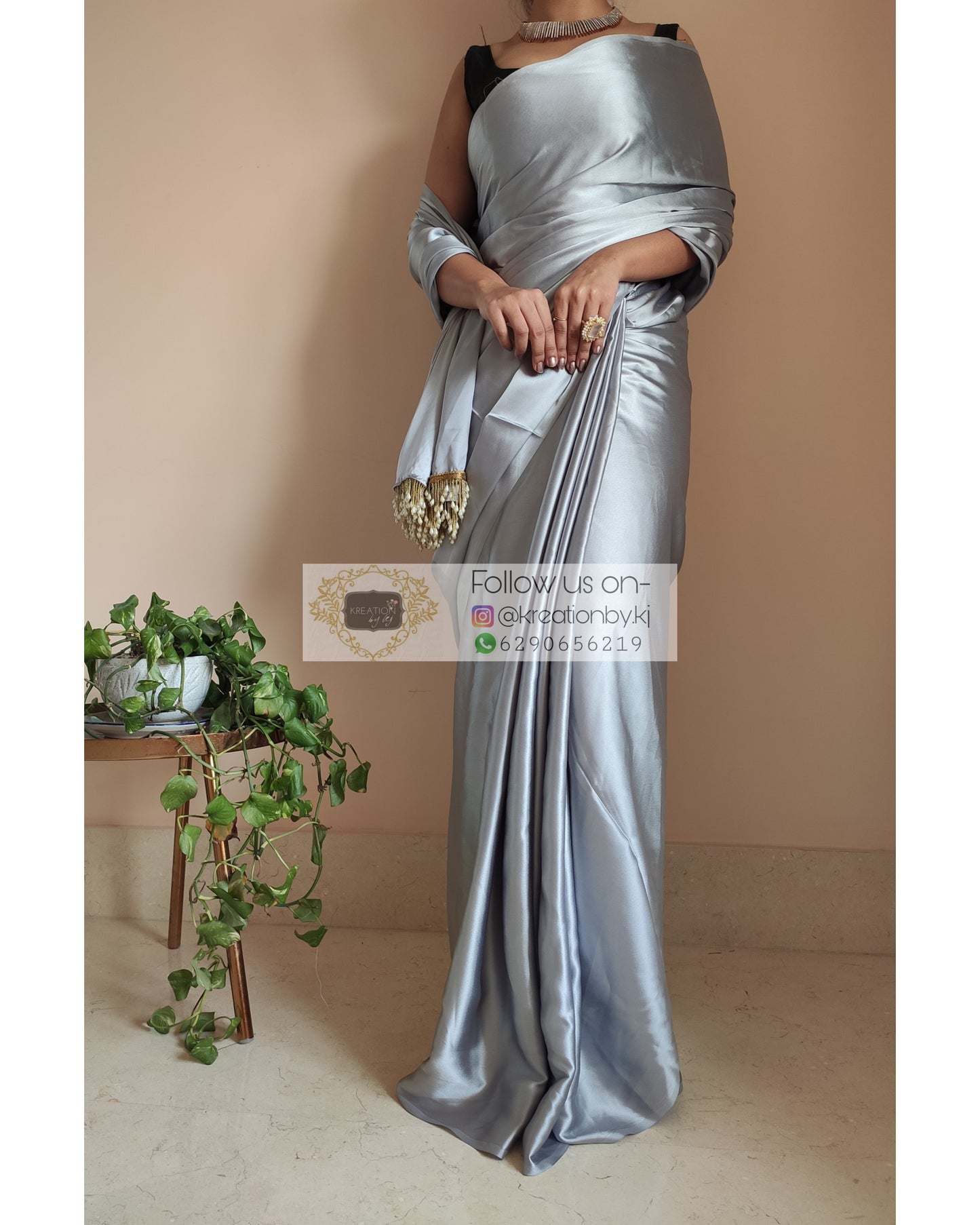 Silver Satin Silk Saree With Handmade Tassels On Pallu - kreationbykj