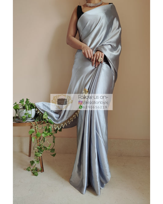 Silver Satin Silk Saree With Handmade Tassels On Pallu - kreationbykj