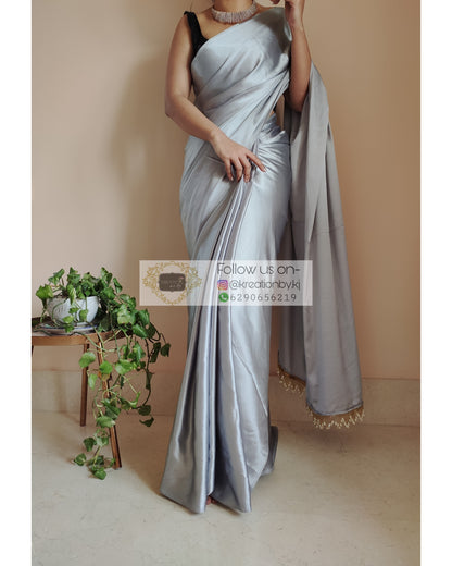 Silver Satin Silk Saree With Handmade Tassels On Pallu - kreationbykj