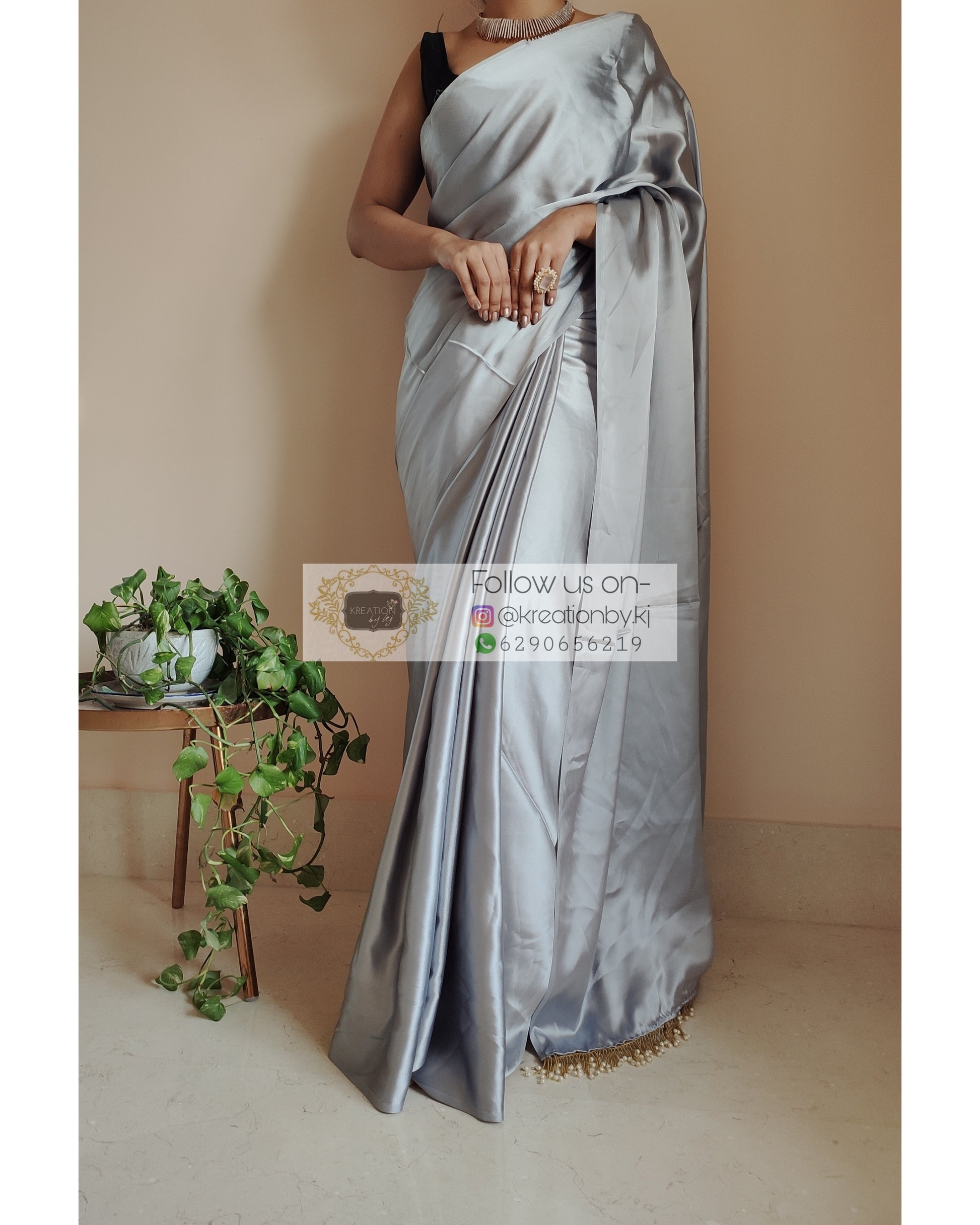 Silver Satin Silk Saree With Handmade Tassels On Pallu - kreationbykj