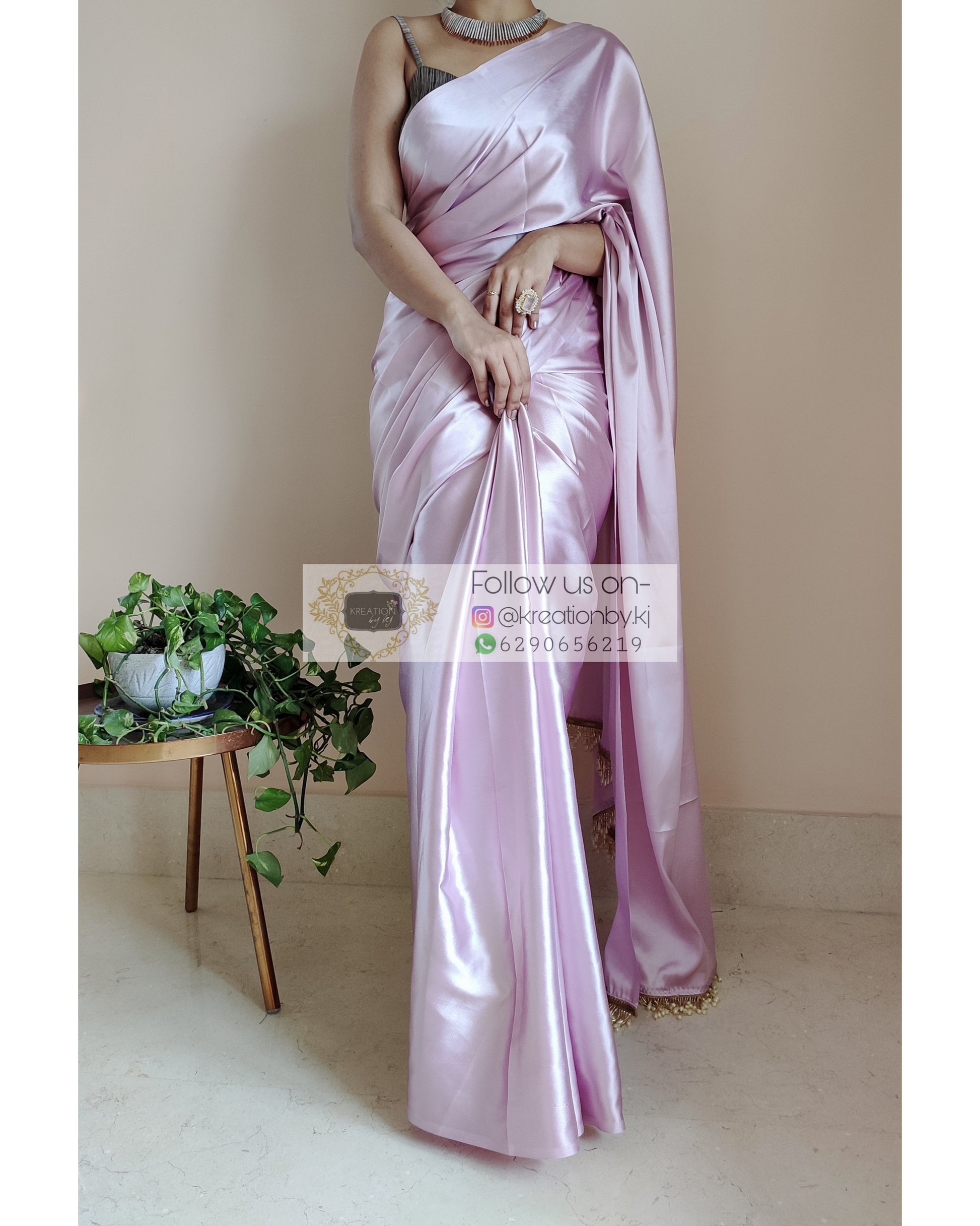 Thistle Satin Silk Saree With Handmade Tassels On Pallu - kreationbykj