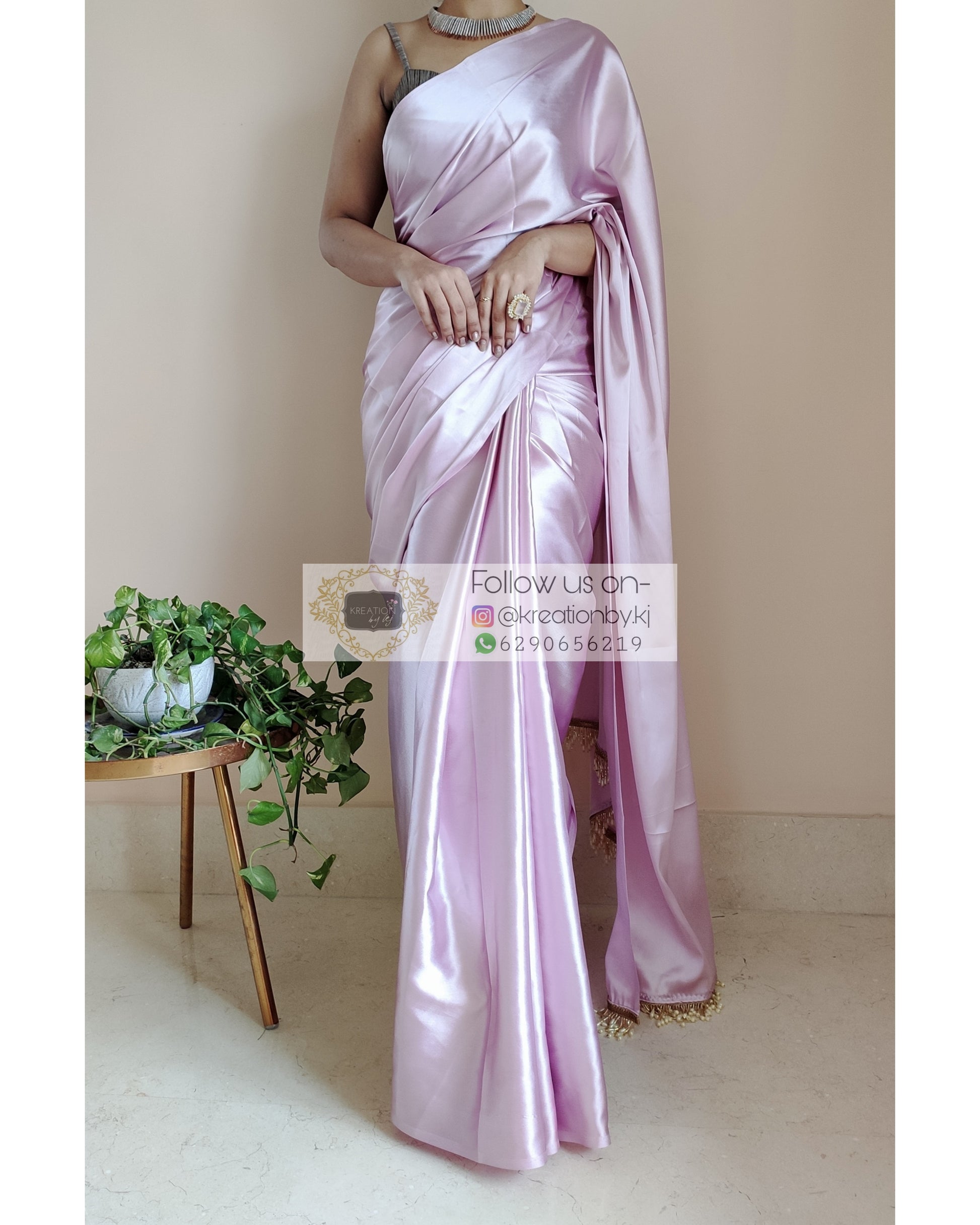 Thistle Satin Silk Saree With Handmade Tassels On Pallu - kreationbykj