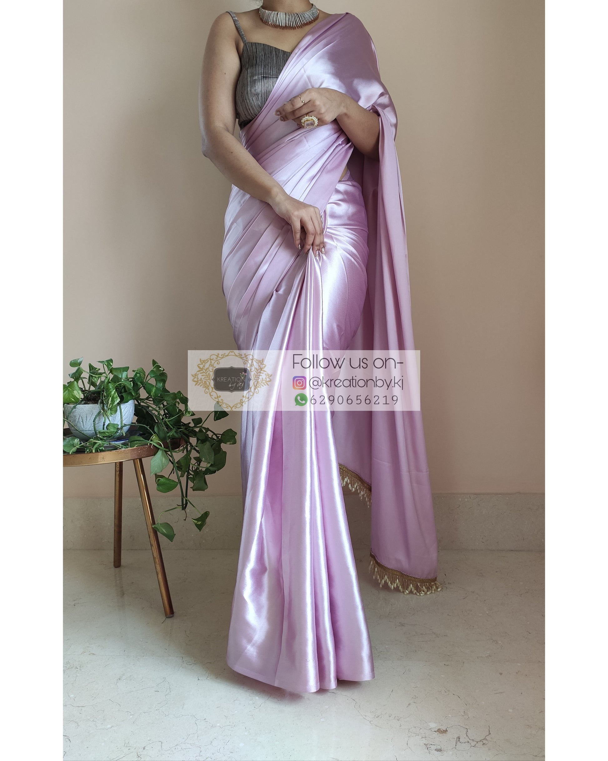 Thistle Satin Silk Saree With Handmade Tassels On Pallu - kreationbykj