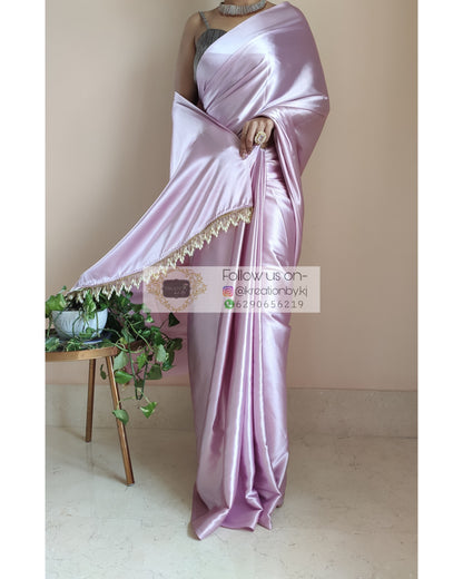 Thistle Satin Silk Saree With Handmade Tassels On Pallu - kreationbykj