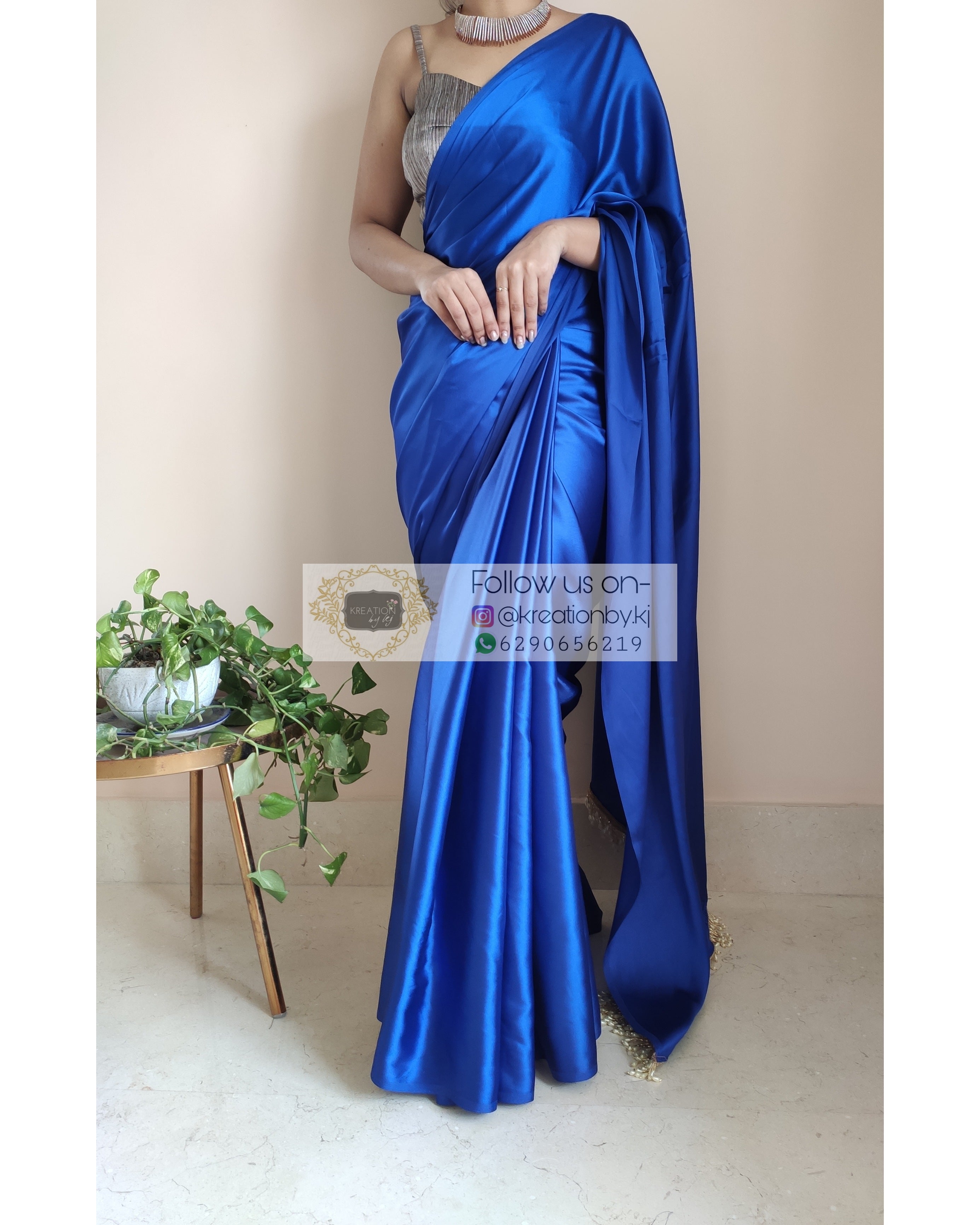 Royal Blue Satin Silk Saree With Handmade Tassels On Pallu – kreationbykj