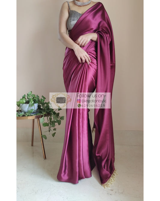 Sangria Satin Silk Saree With Handmade Tassels On  Palllu - kreationbykj