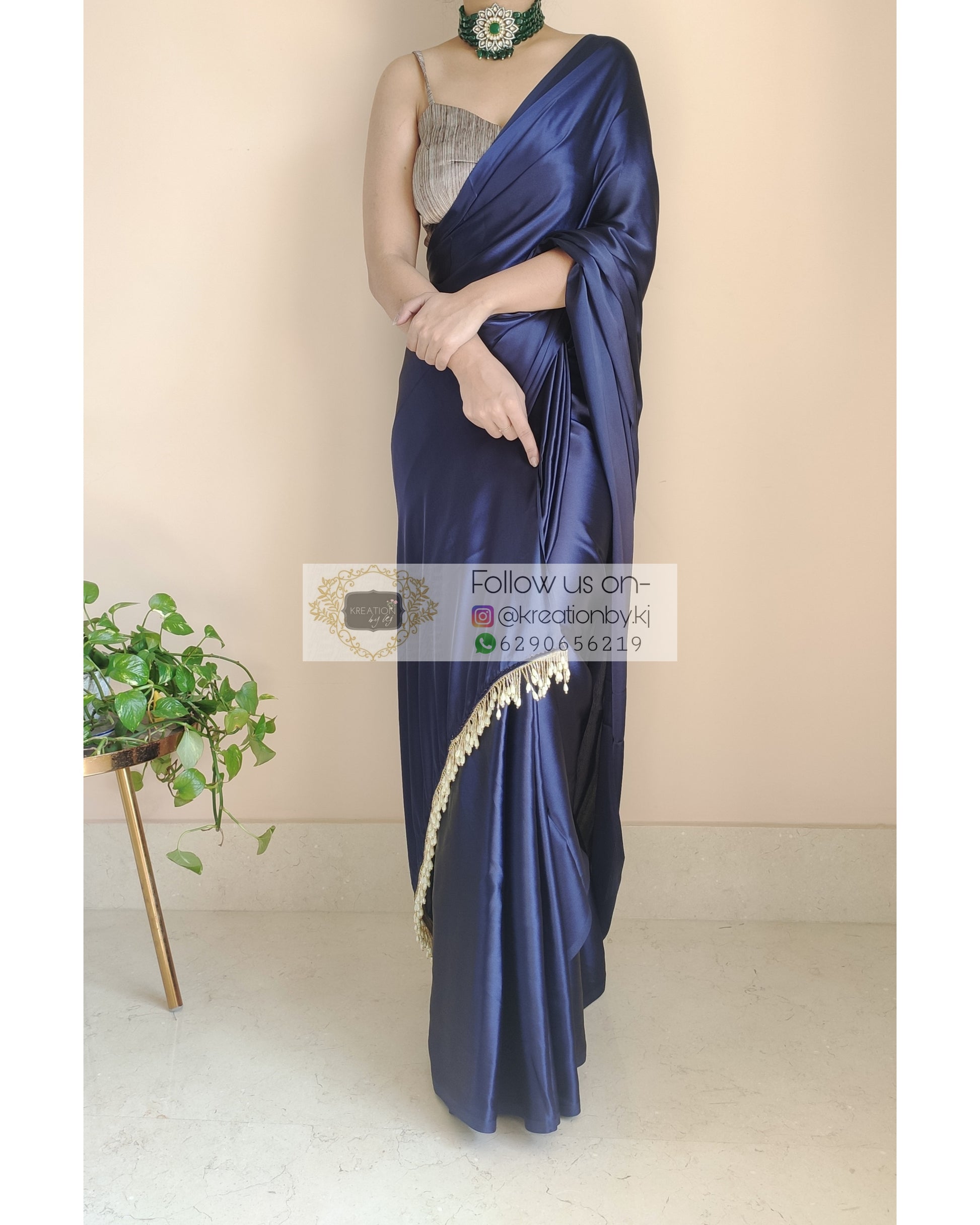 Navy Blue Satin Silk Saree With Handmade Tassels on Pallu - kreationbykj