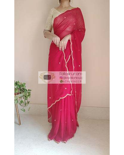 Red Poly Georgette Saree With Handembroidered Scalloping - kreationbykj