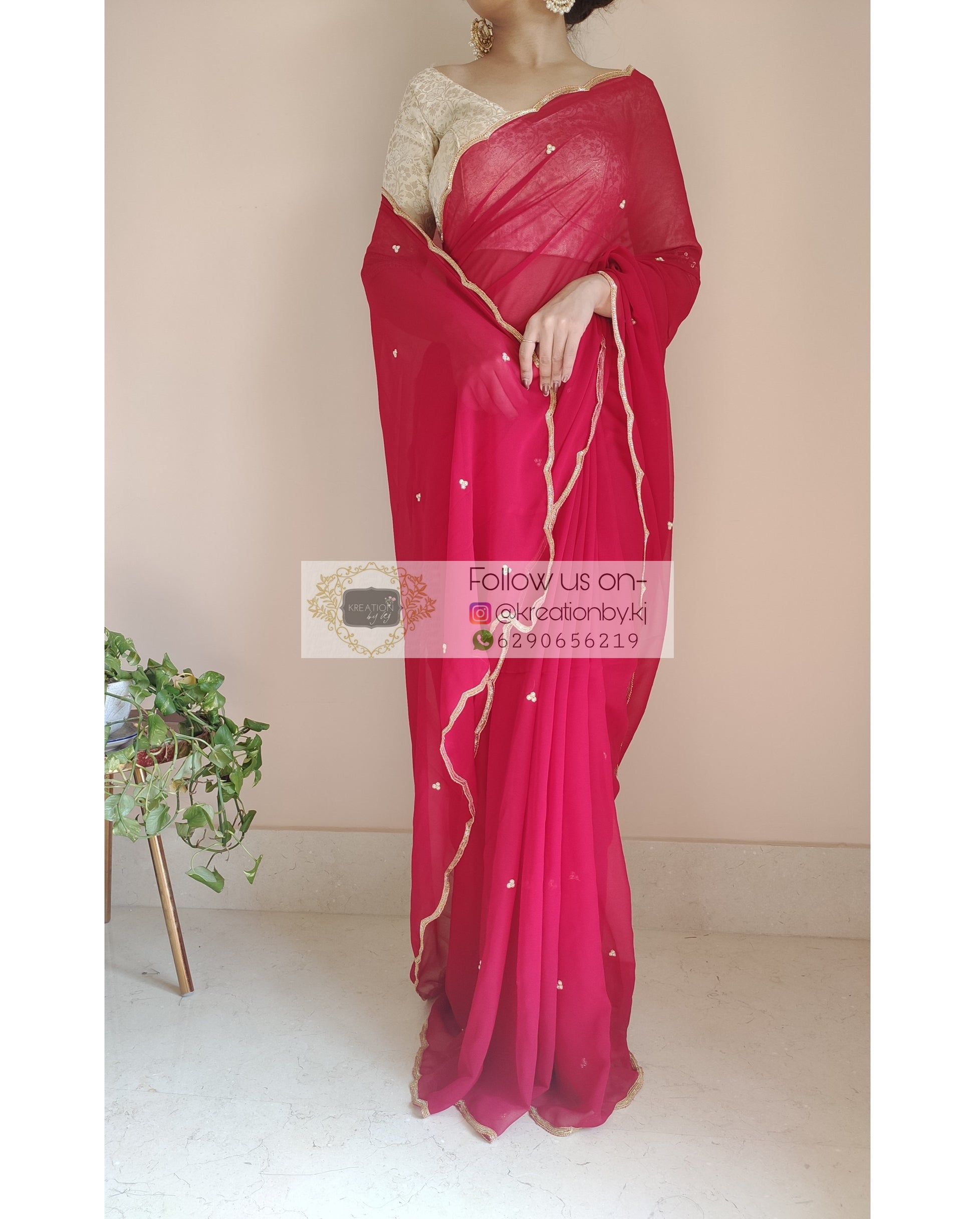 Red Poly Georgette Saree With Handembroidered Scalloping - kreationbykj