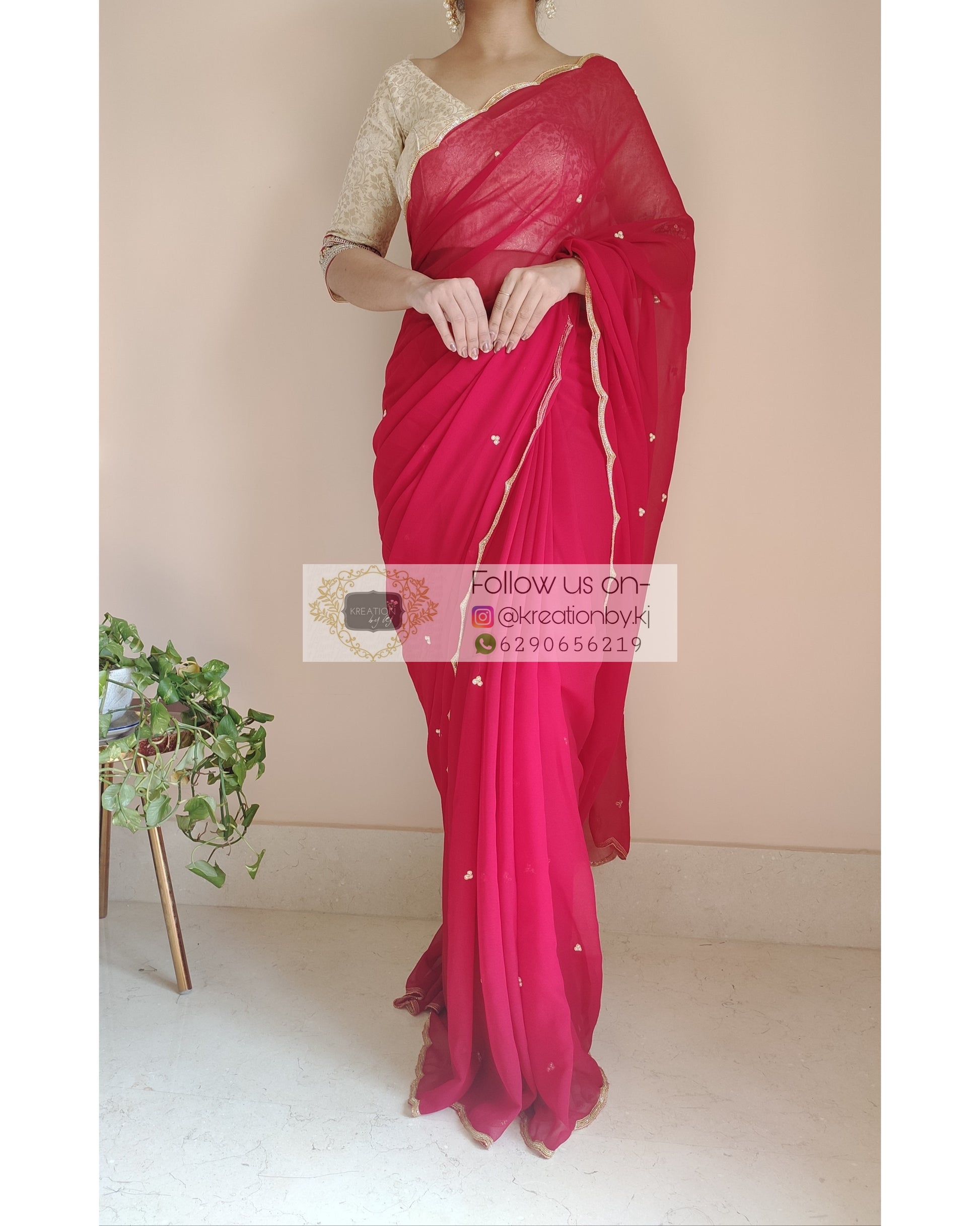 Red Poly Georgette Saree With Handembroidered Scalloping - kreationbykj