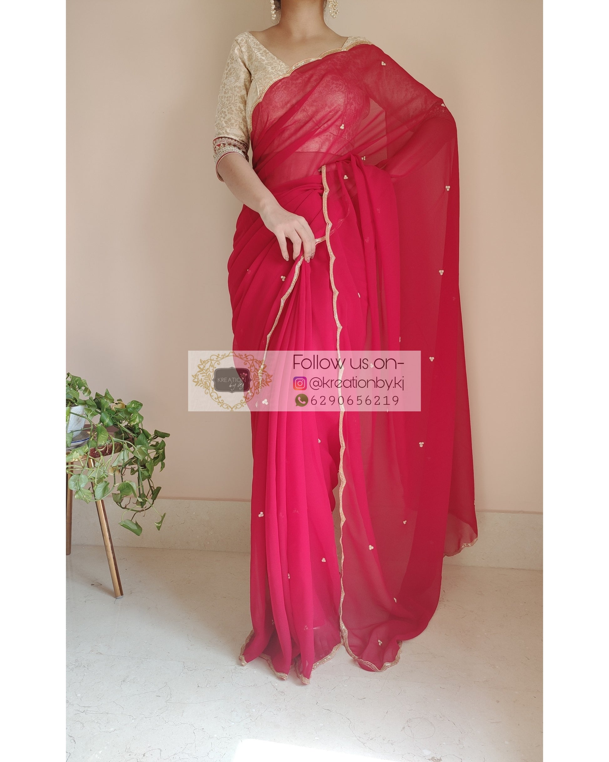 Red Poly Georgette Saree With Handembroidered Scalloping - kreationbykj