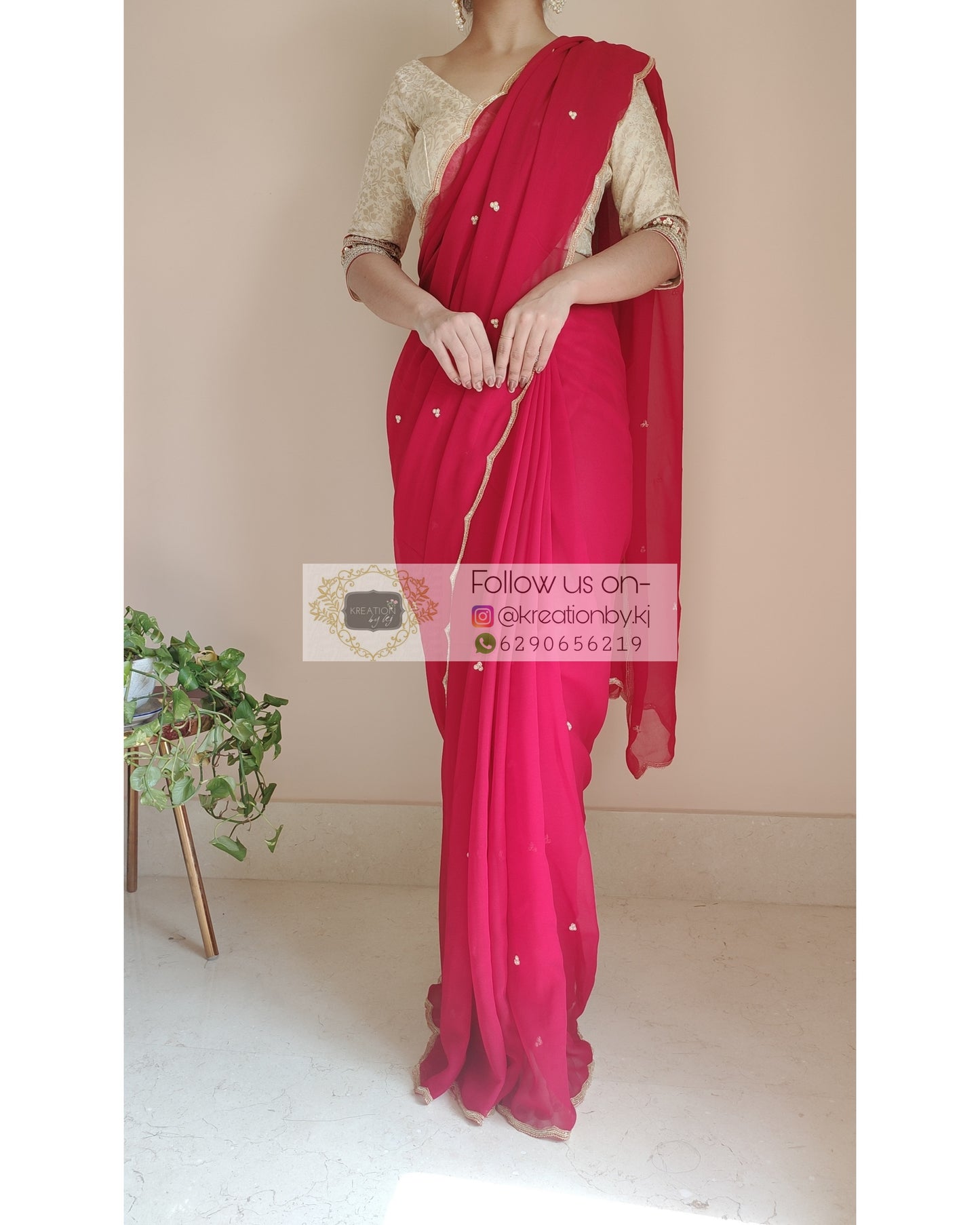 Red Poly Georgette Saree With Handembroidered Scalloping - kreationbykj