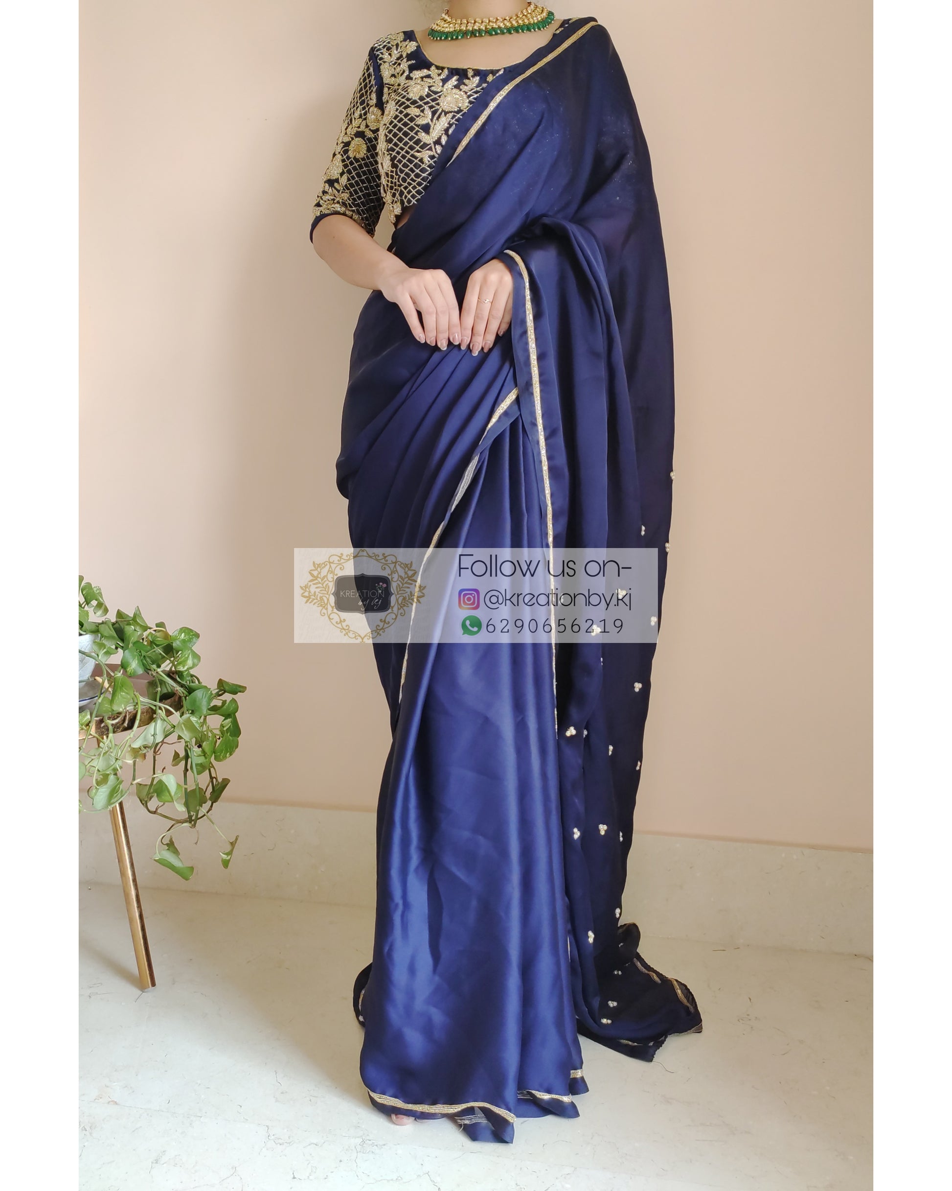 Navy Blue Crepe Silk Saree With Heavy Blouse – kreationbykj