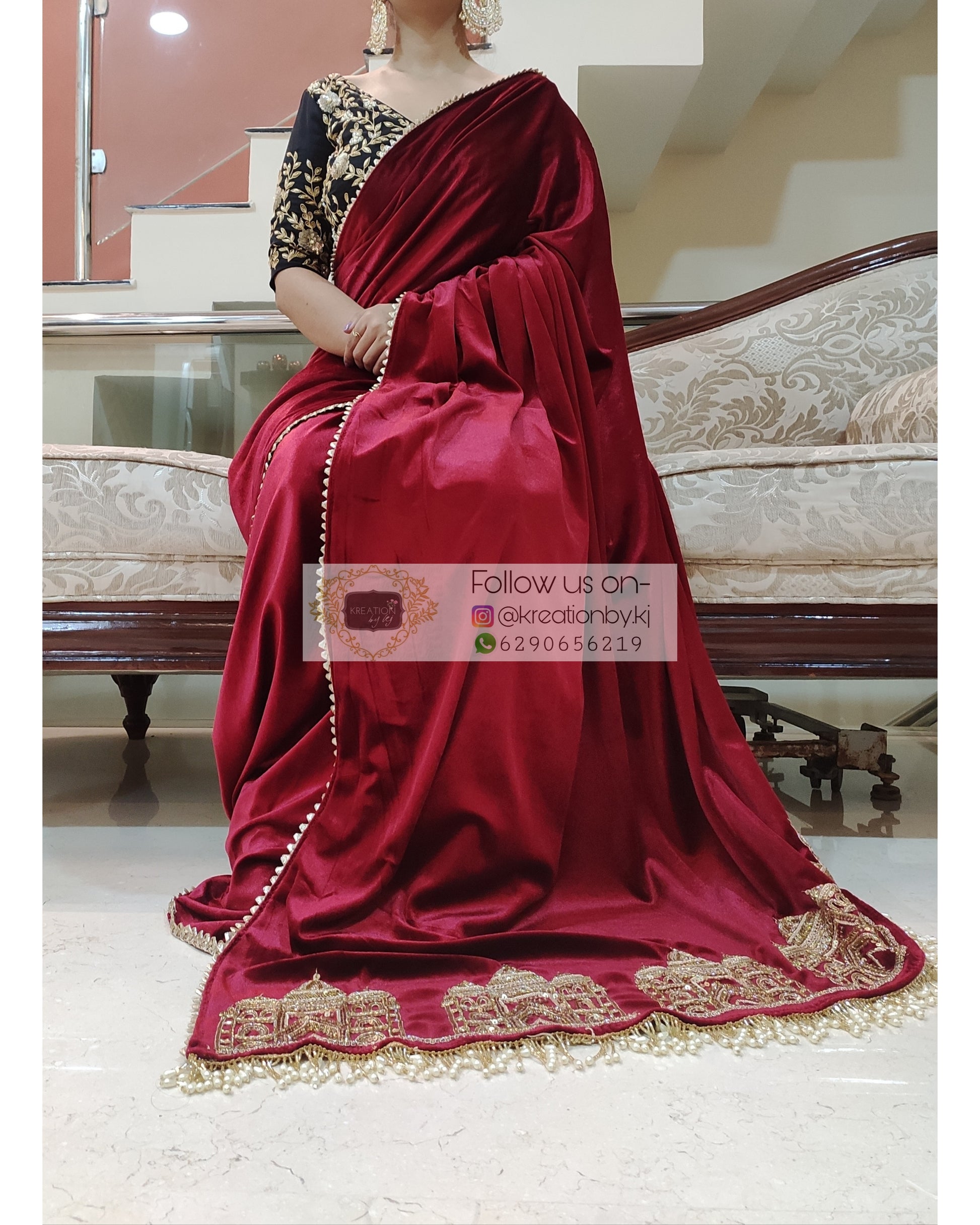 Maroon Velvet Taj Mahal Saree - kreationbykj