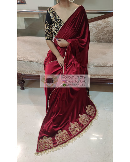 Maroon Velvet Taj Mahal Saree - kreationbykj