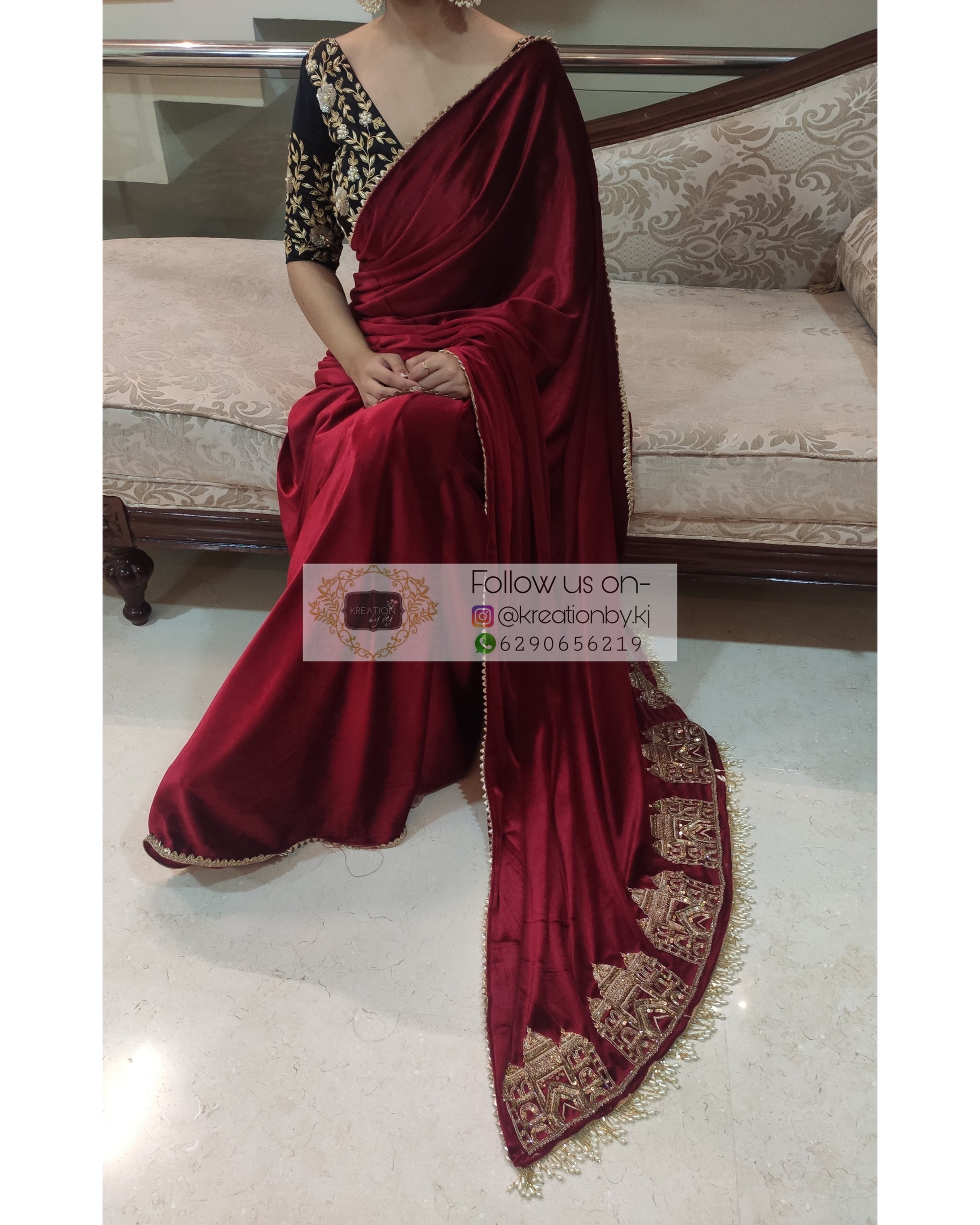 Maroon Velvet Taj Mahal Saree - kreationbykj