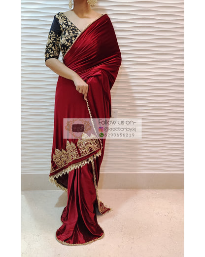 Maroon Velvet Taj Mahal Saree - kreationbykj