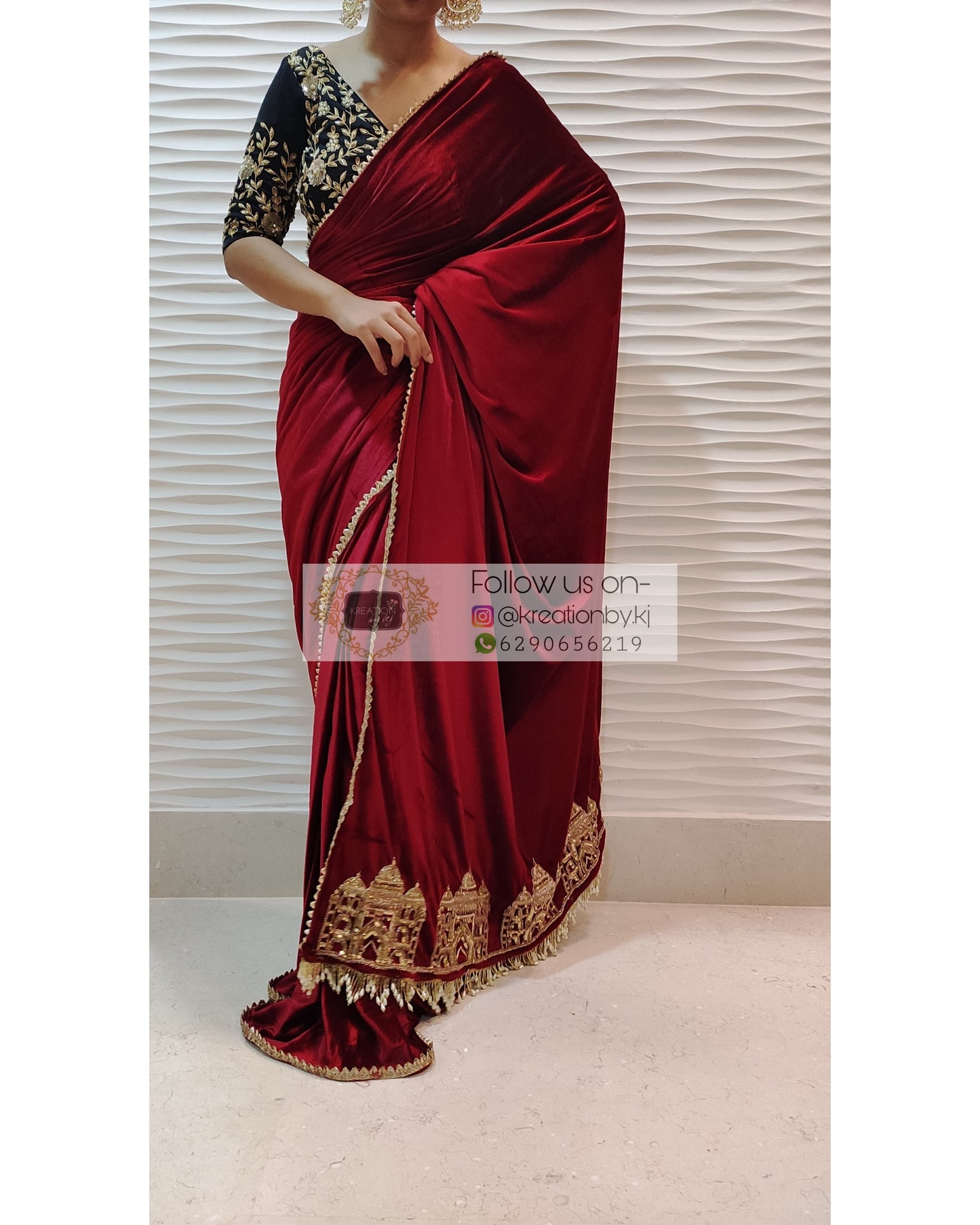 Maroon Velvet Taj Mahal Saree - kreationbykj