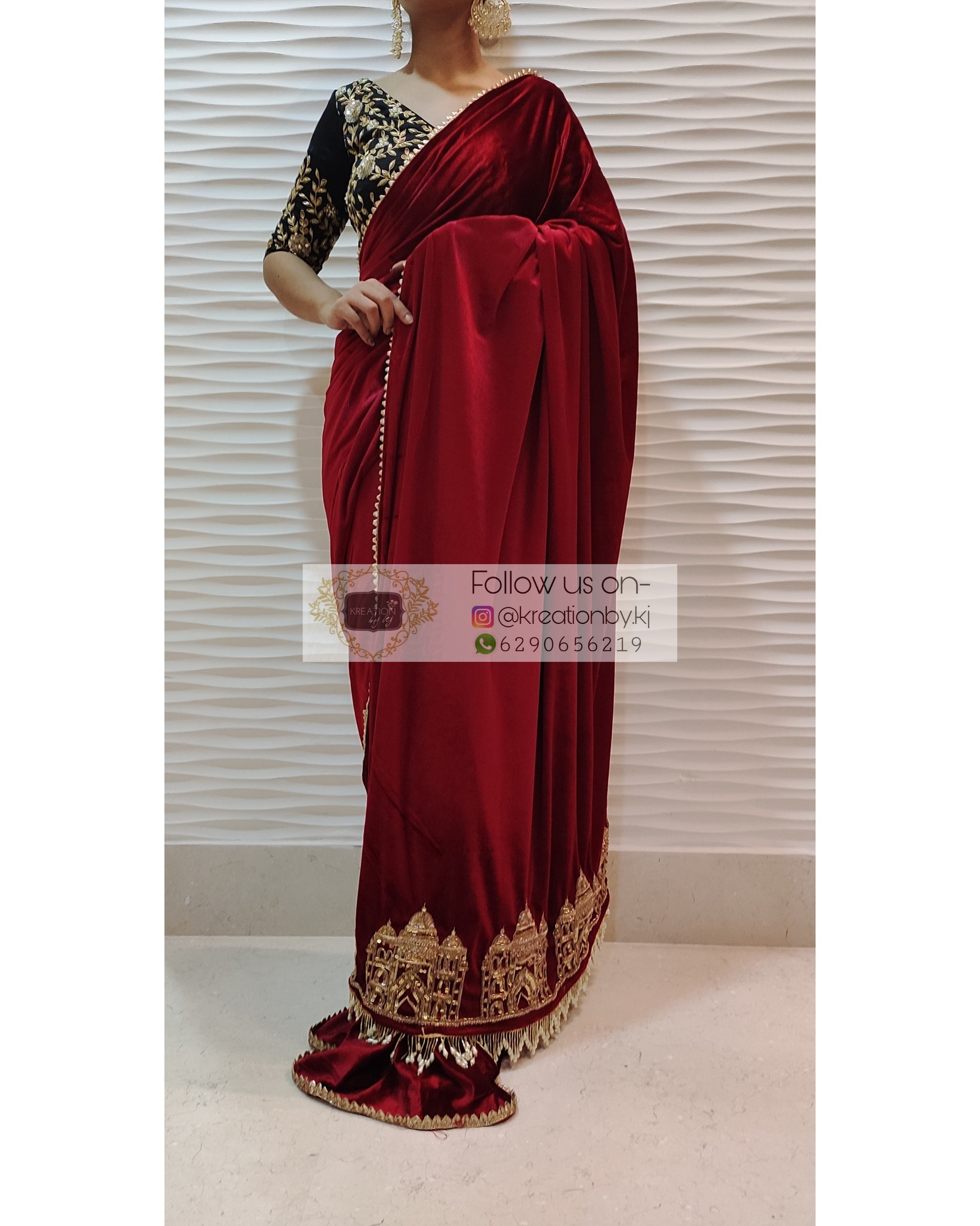 Maroon Velvet Taj Mahal Saree - kreationbykj