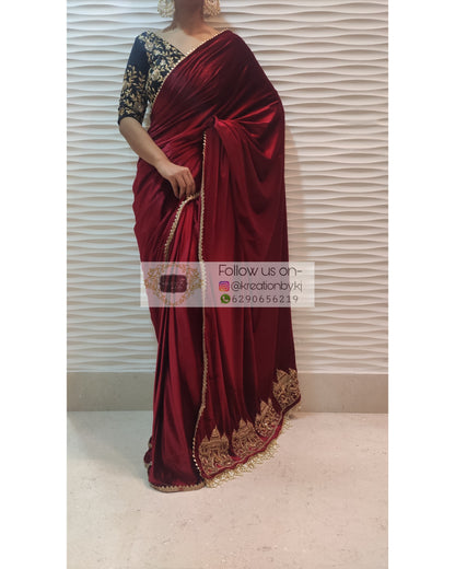 Maroon Velvet Taj Mahal Saree - kreationbykj