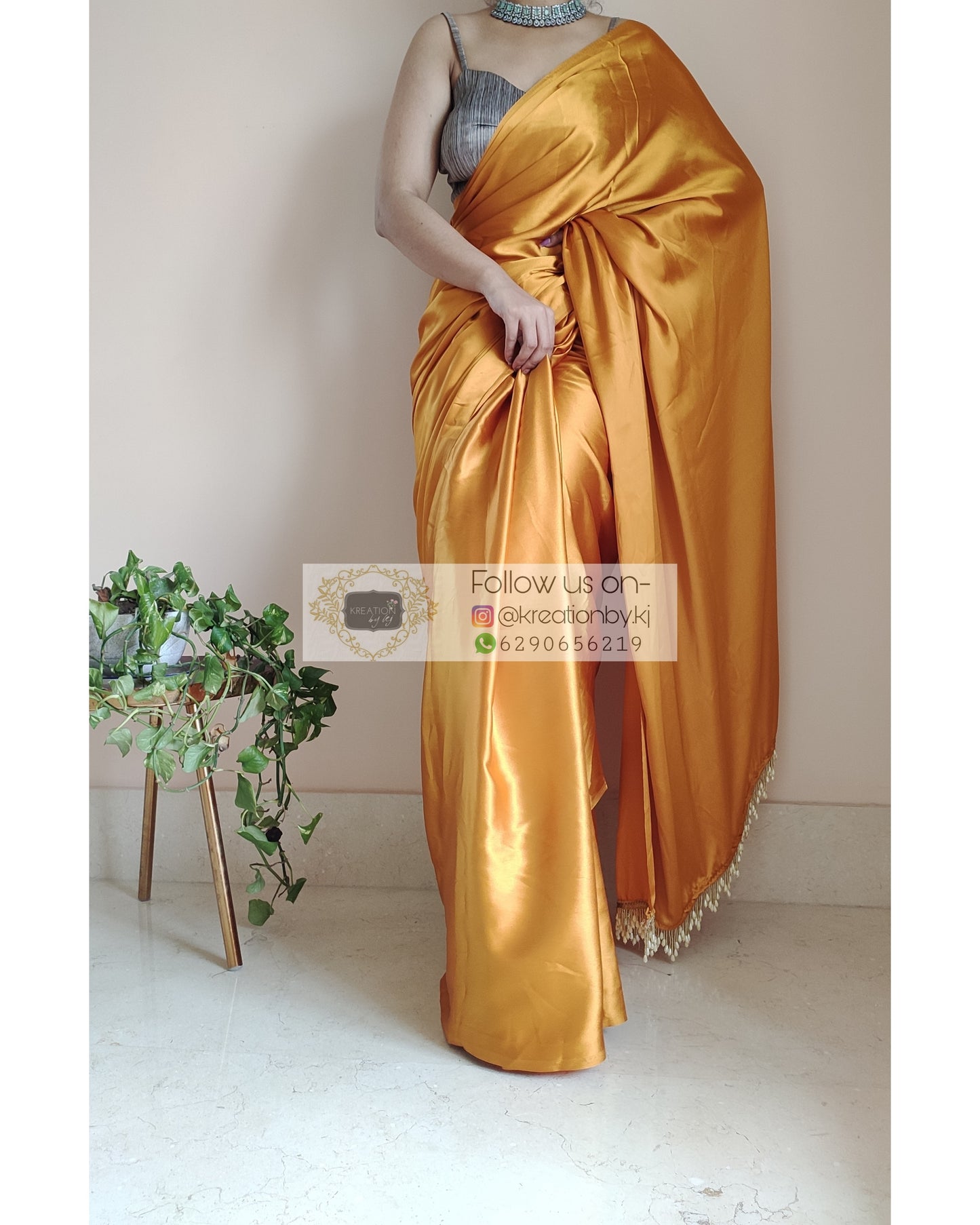 Golden Yellow Satin Silk Saree With Handmade Tassels On Pallu - kreationbykj