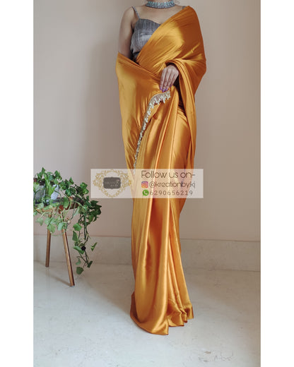 Golden Yellow Satin Silk Saree With Handmade Tassels On Pallu - kreationbykj