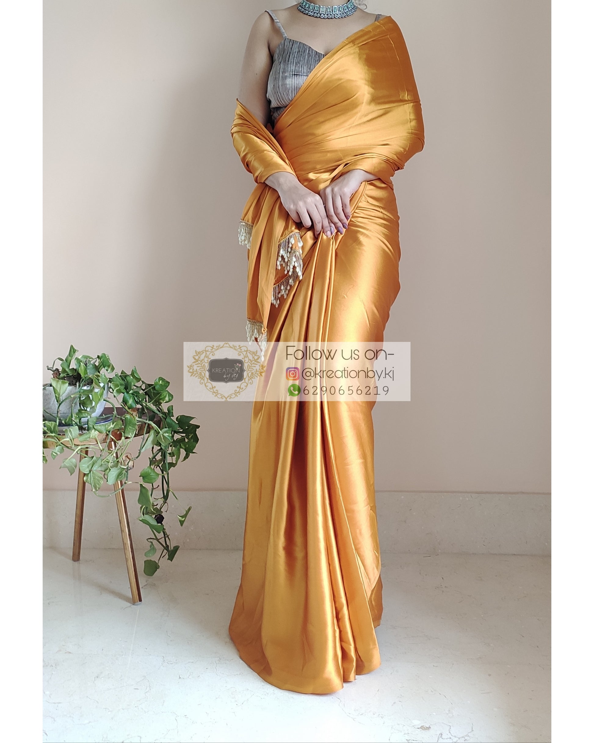 Golden Yellow Satin Silk Saree With Handmade Tassels On Pallu - kreationbykj