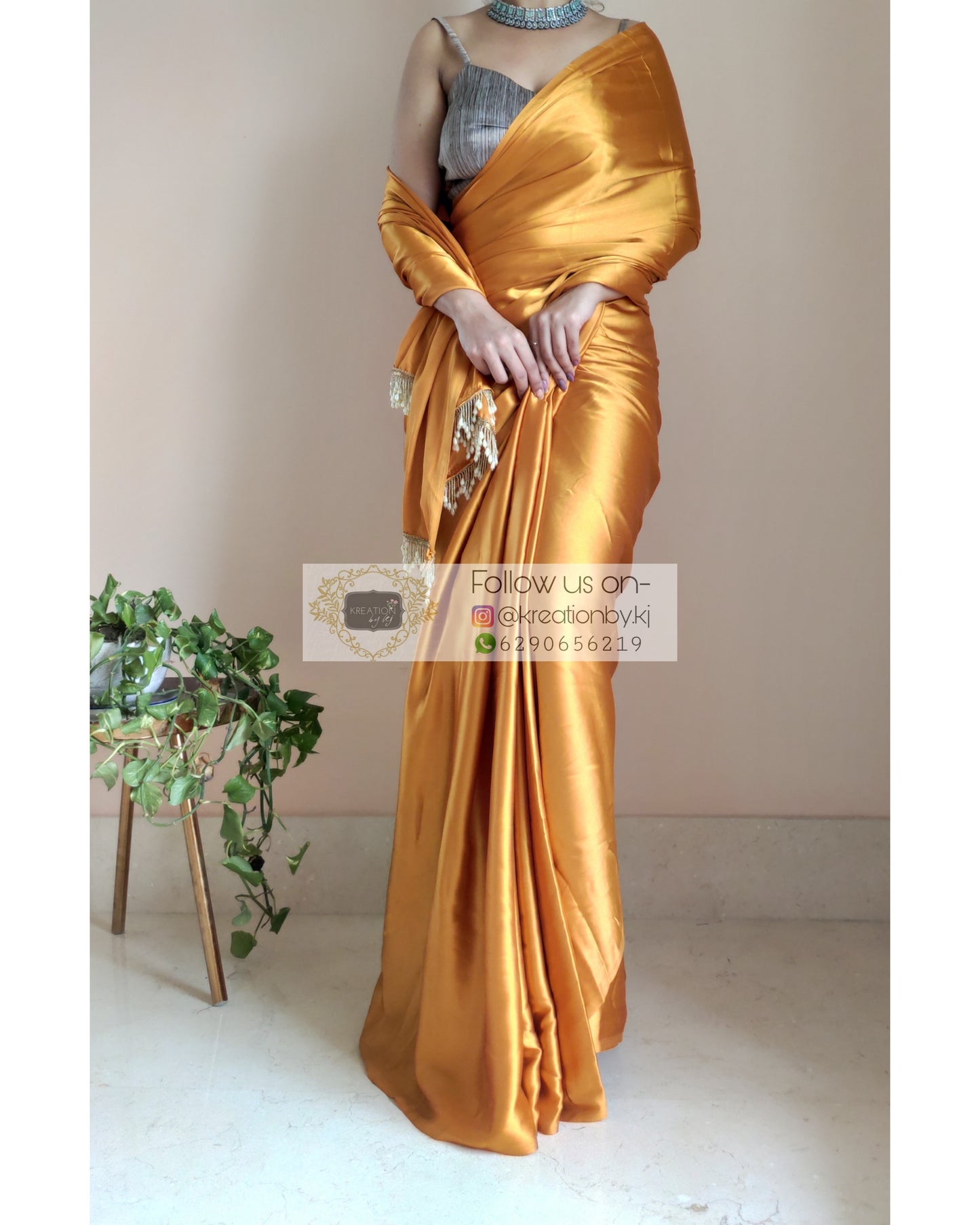 Golden Yellow Satin Silk Saree With Handmade Tassels On Pallu - kreationbykj