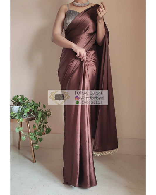 Coffee Brown Satin Silk Saree With Handmade Tassels On Pallu - kreationbykj
