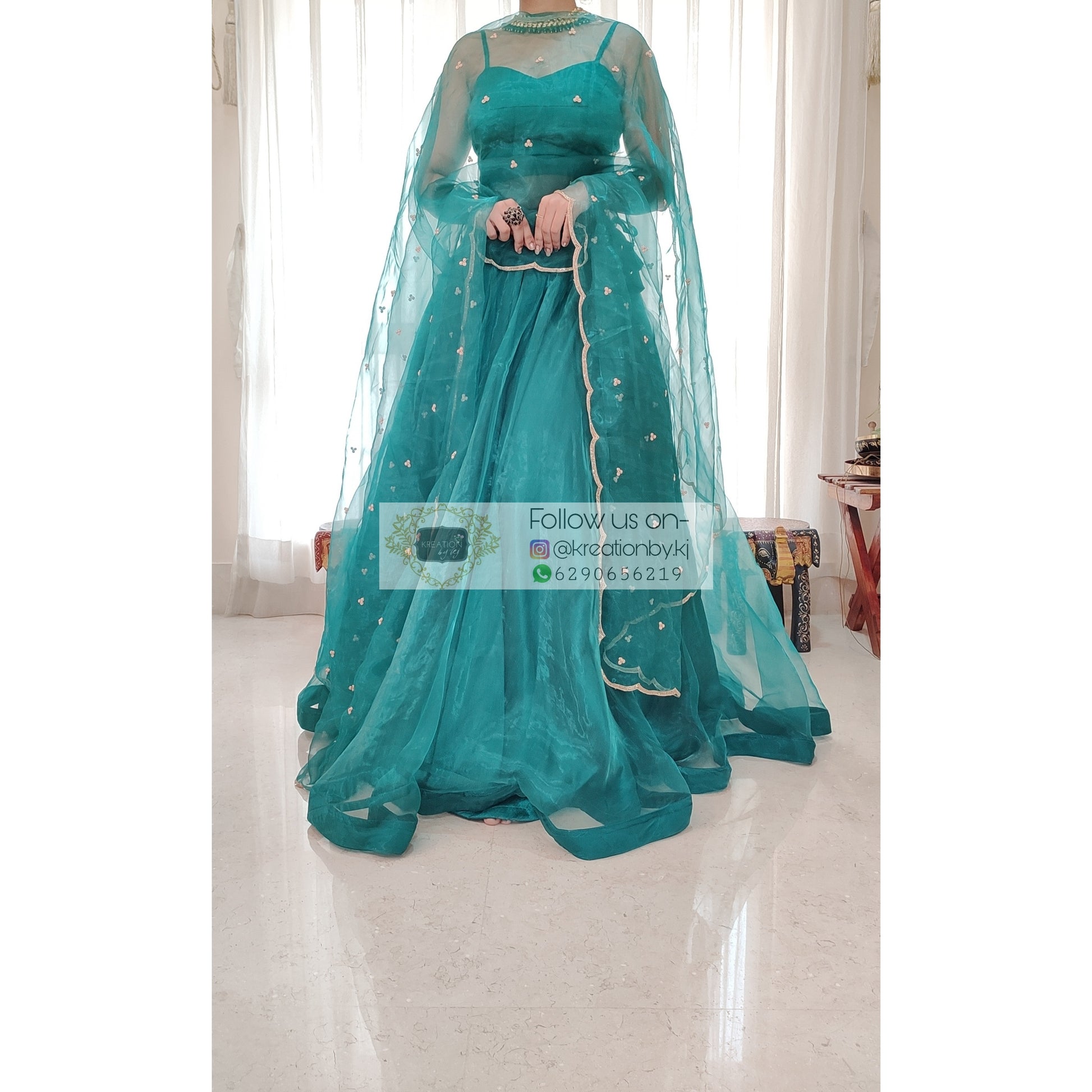 Teal Blue Glass Tissue Dupatta With Scallops - kreationbykj