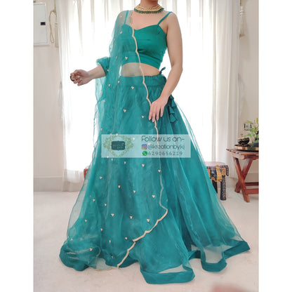 Teal Blue Glass Tissue Dupatta With Scallops - kreationbykj