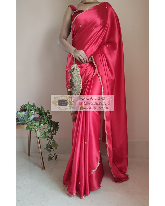 Crimson Red Satin Silk Saree With Handembroidered Scalloping - kreationbykj