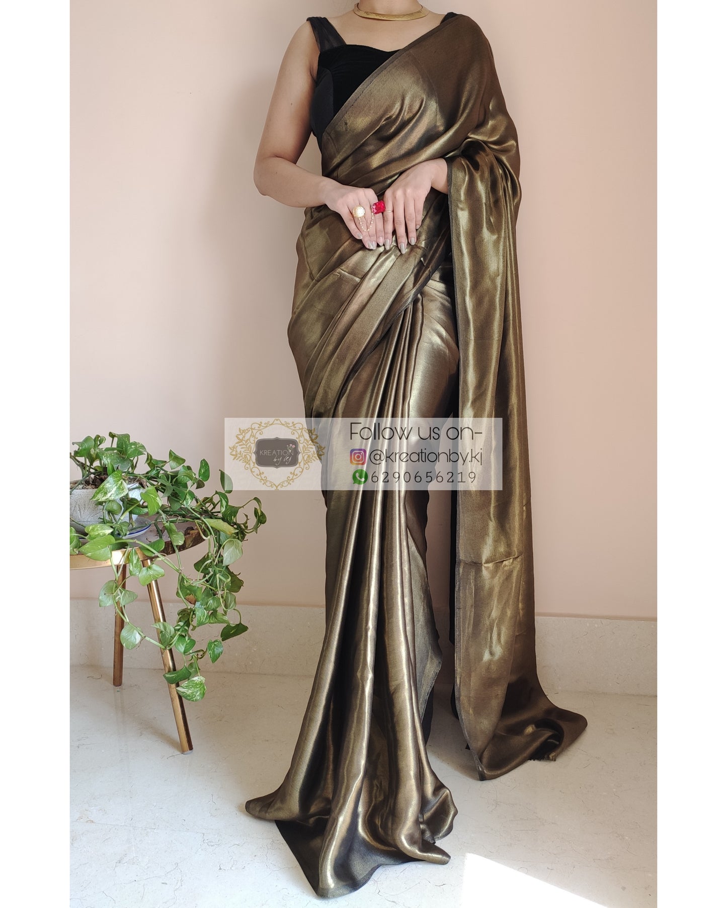 Black Molten Shimmer Satin Saree - kreationbykj