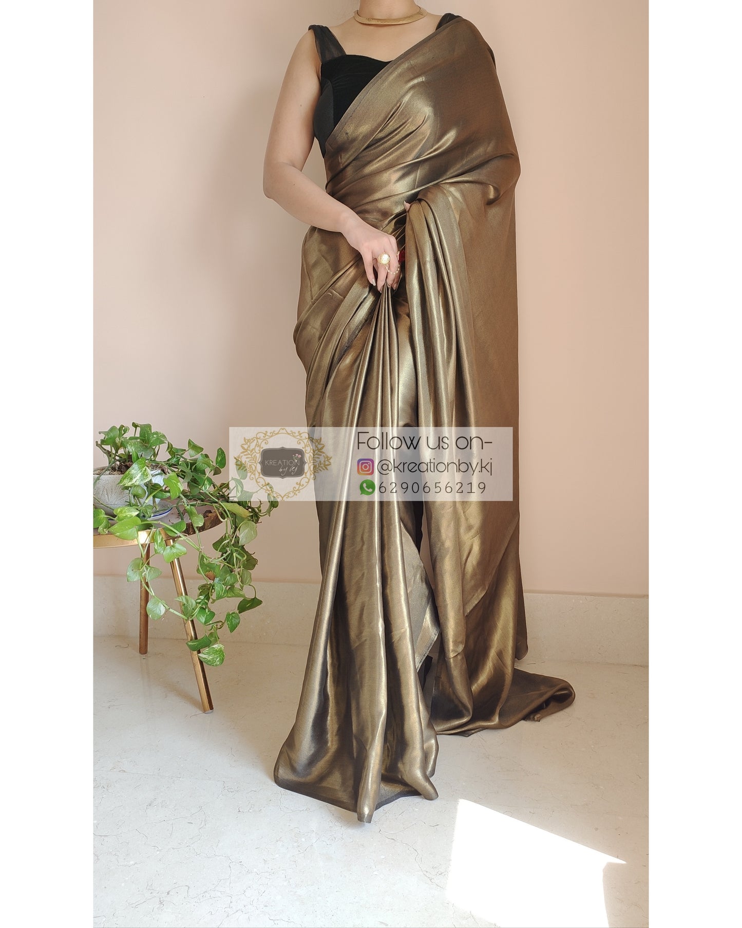 Black Molten Shimmer Satin Saree - kreationbykj