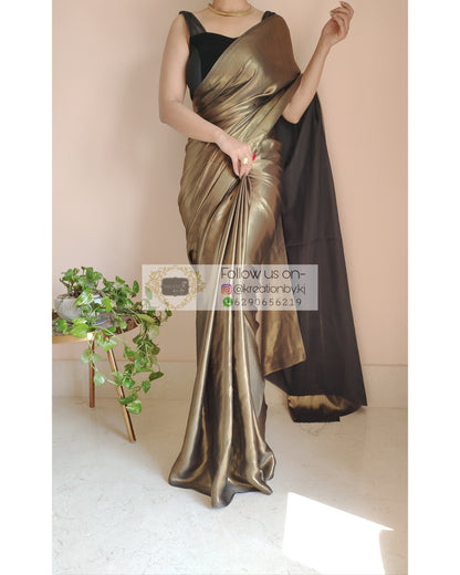 Black Molten Shimmer Satin Saree - kreationbykj