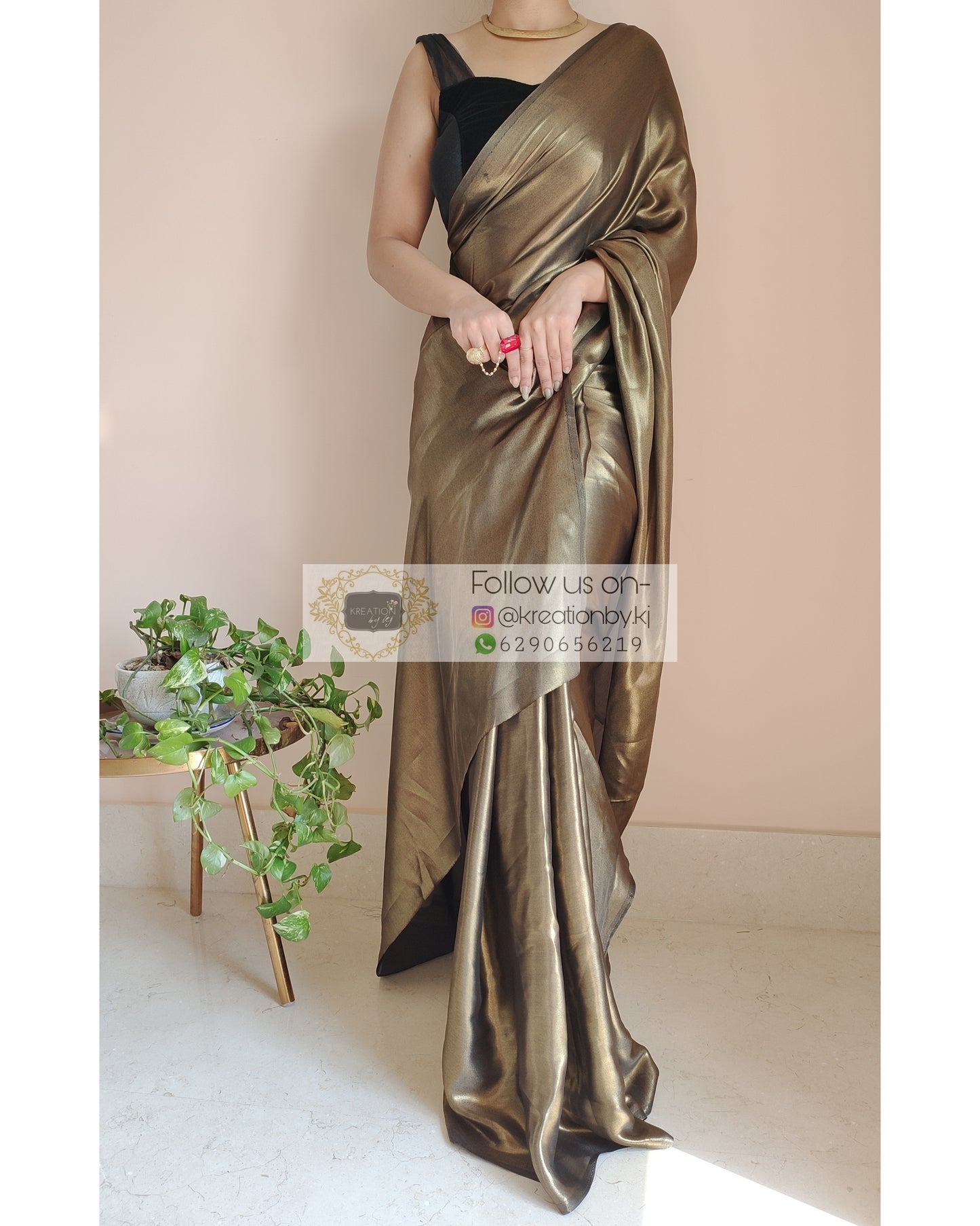 Black Molten Shimmer Satin Saree - kreationbykj