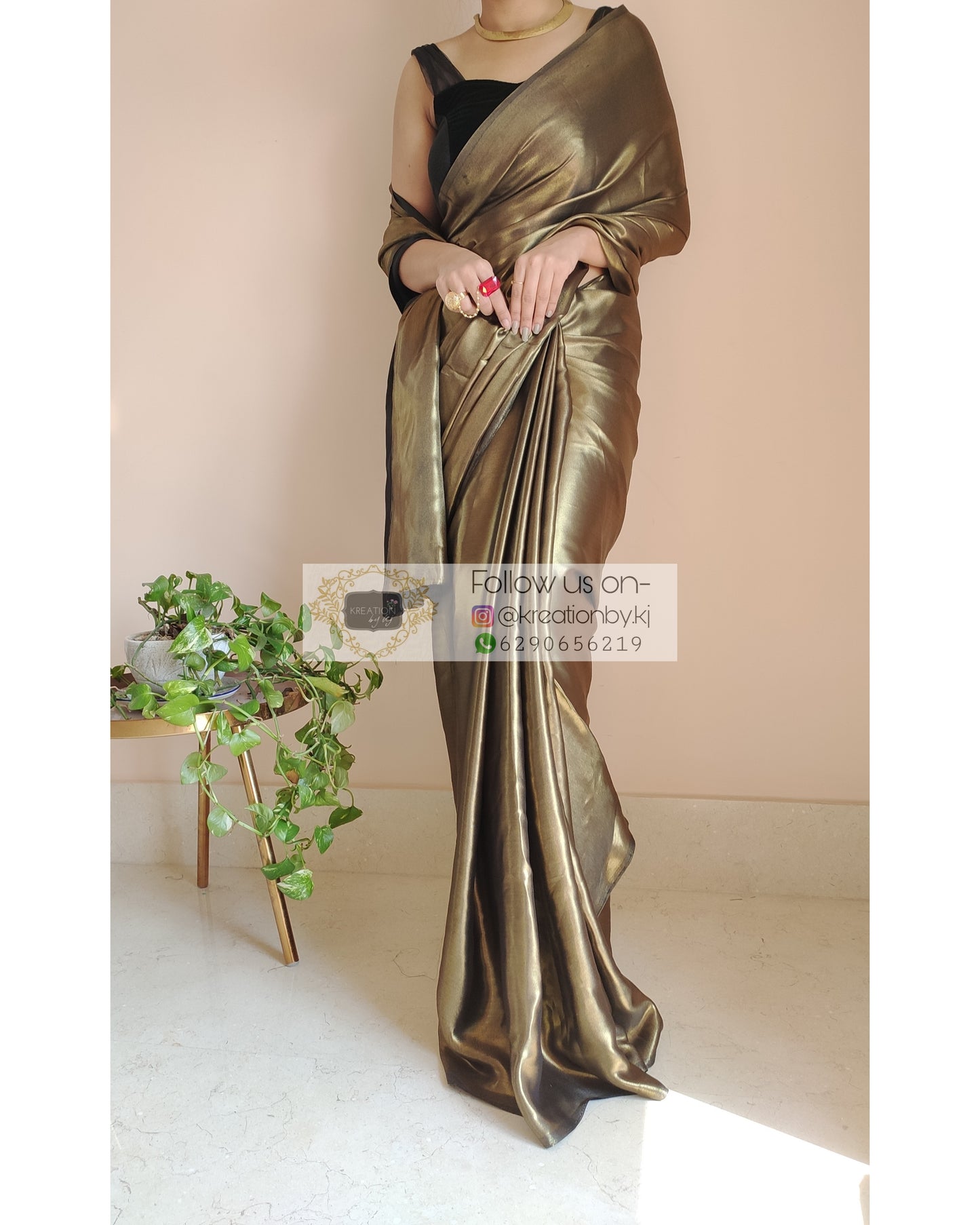 Black Molten Shimmer Satin Saree - kreationbykj