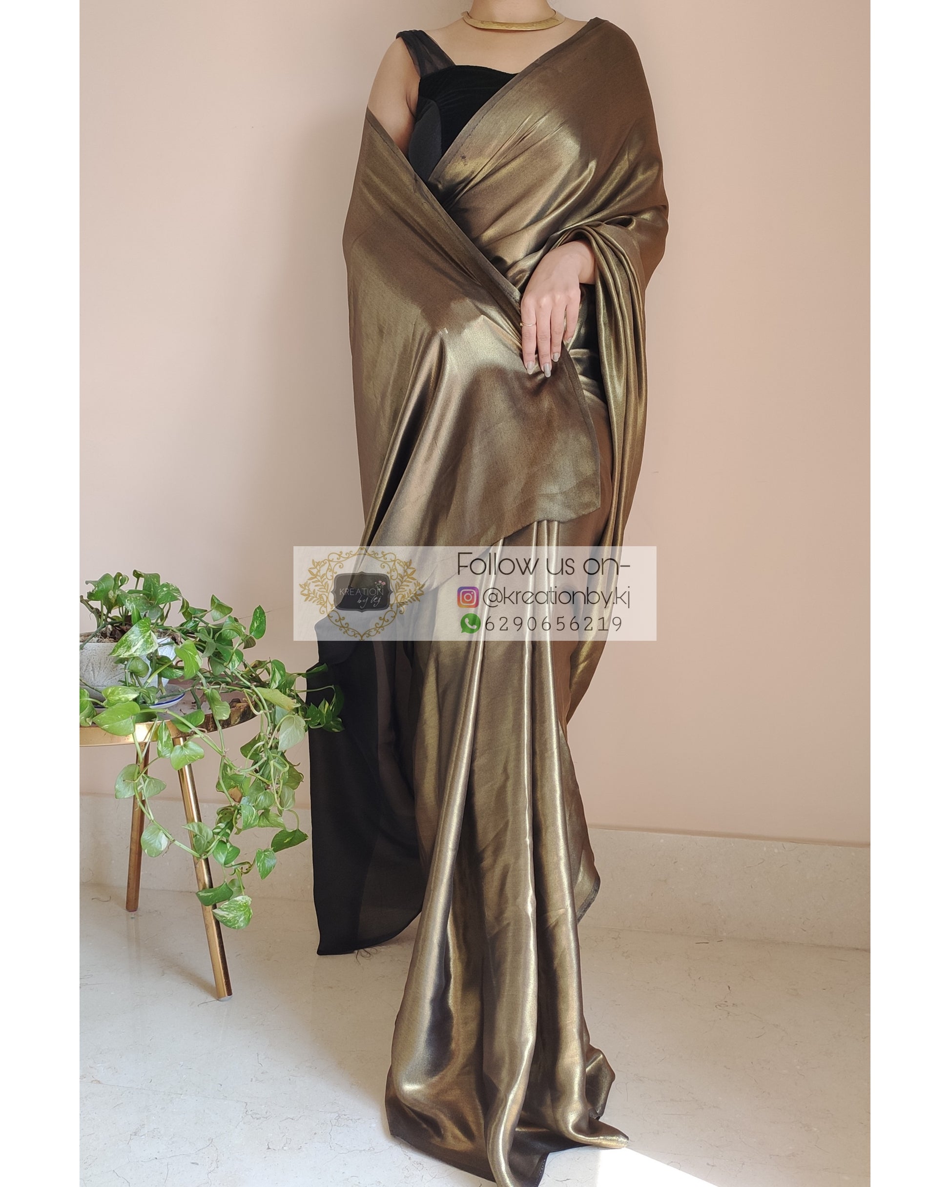 Black Molten Shimmer Satin Saree - kreationbykj