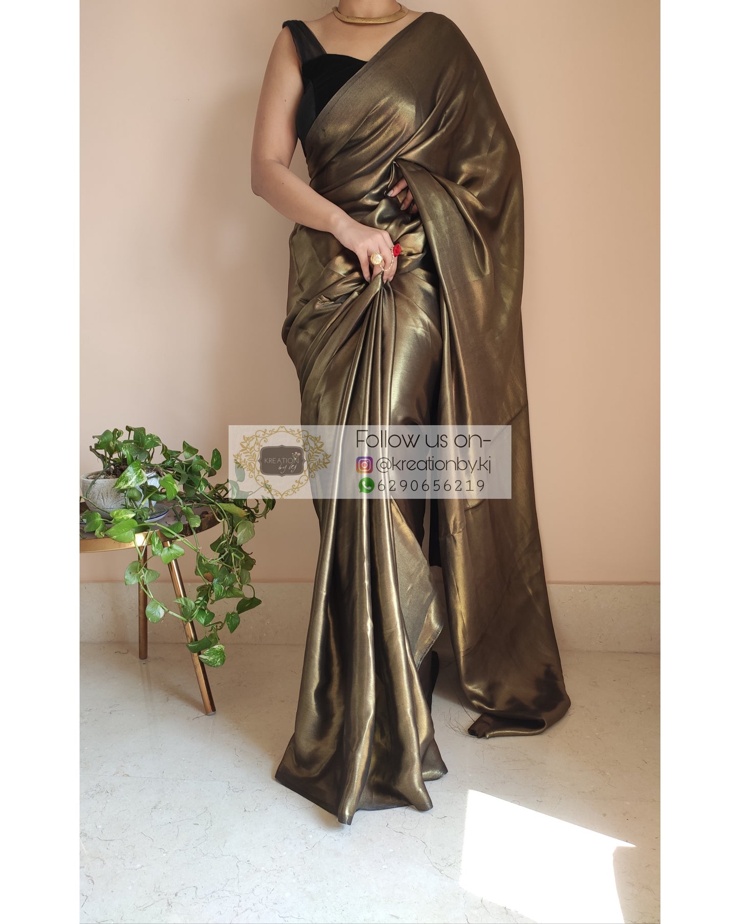 Black Molten Shimmer Satin Saree - kreationbykj