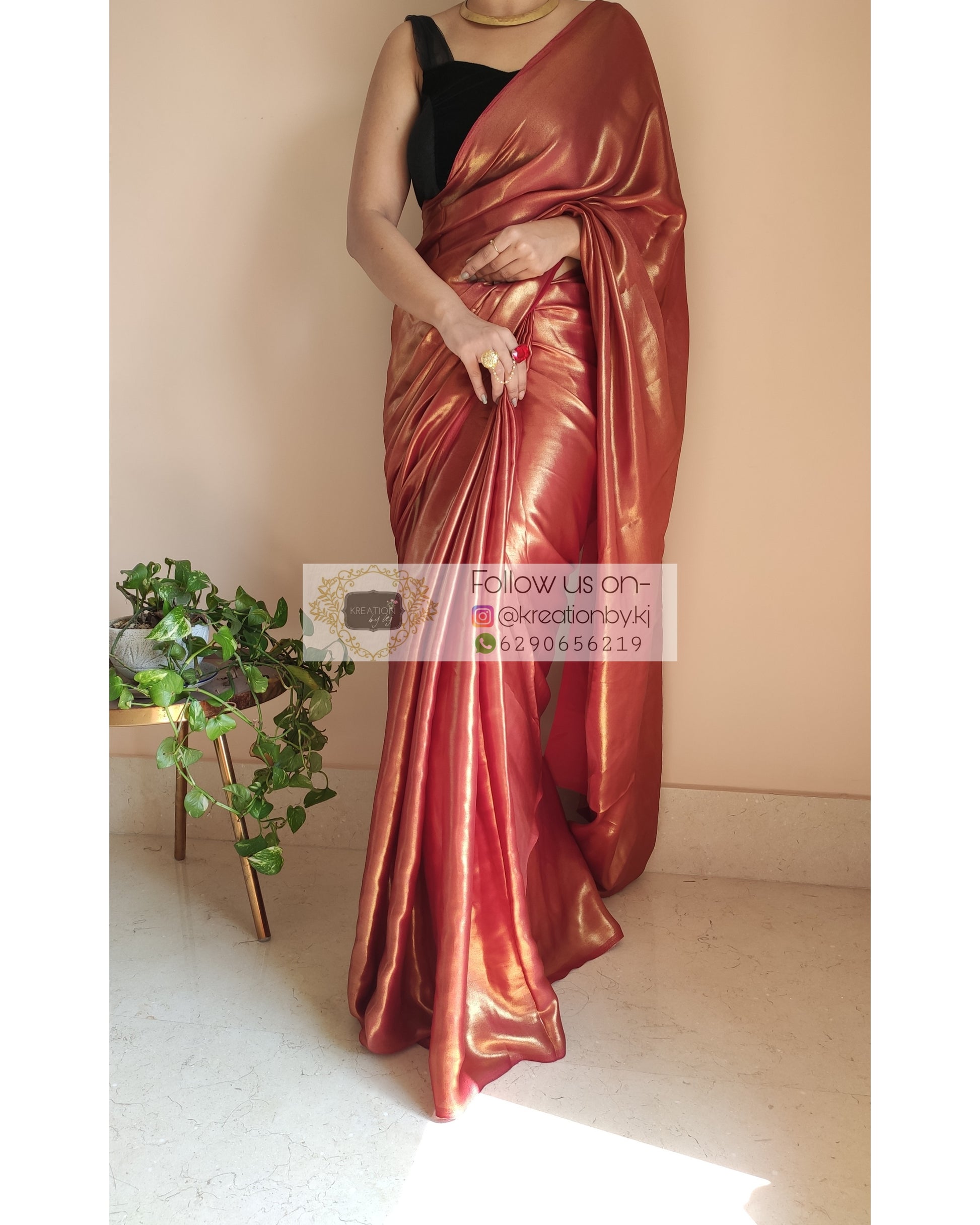 Molten Maroon Shimmer Satin Saree - kreationbykj