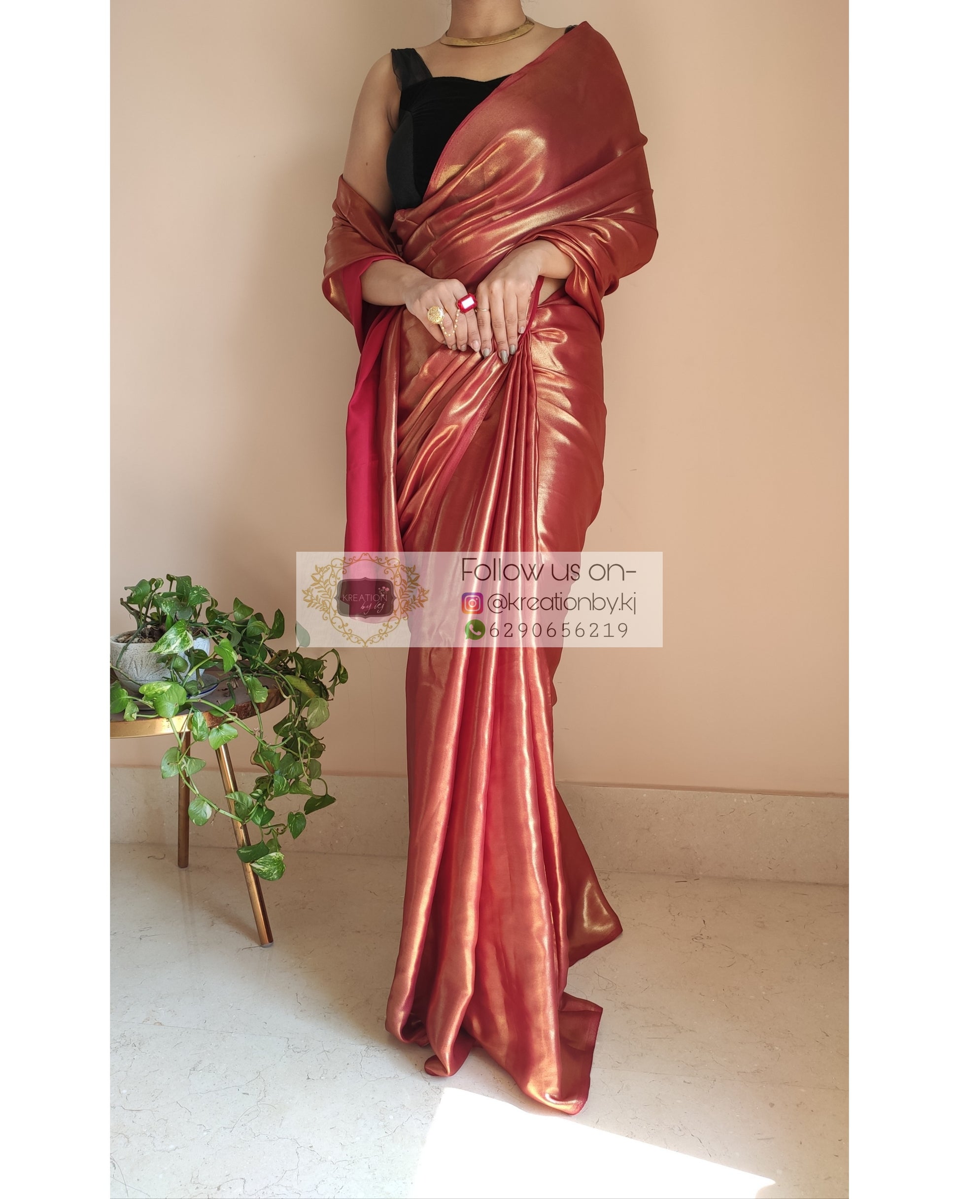 Molten Maroon Shimmer Satin Saree - kreationbykj