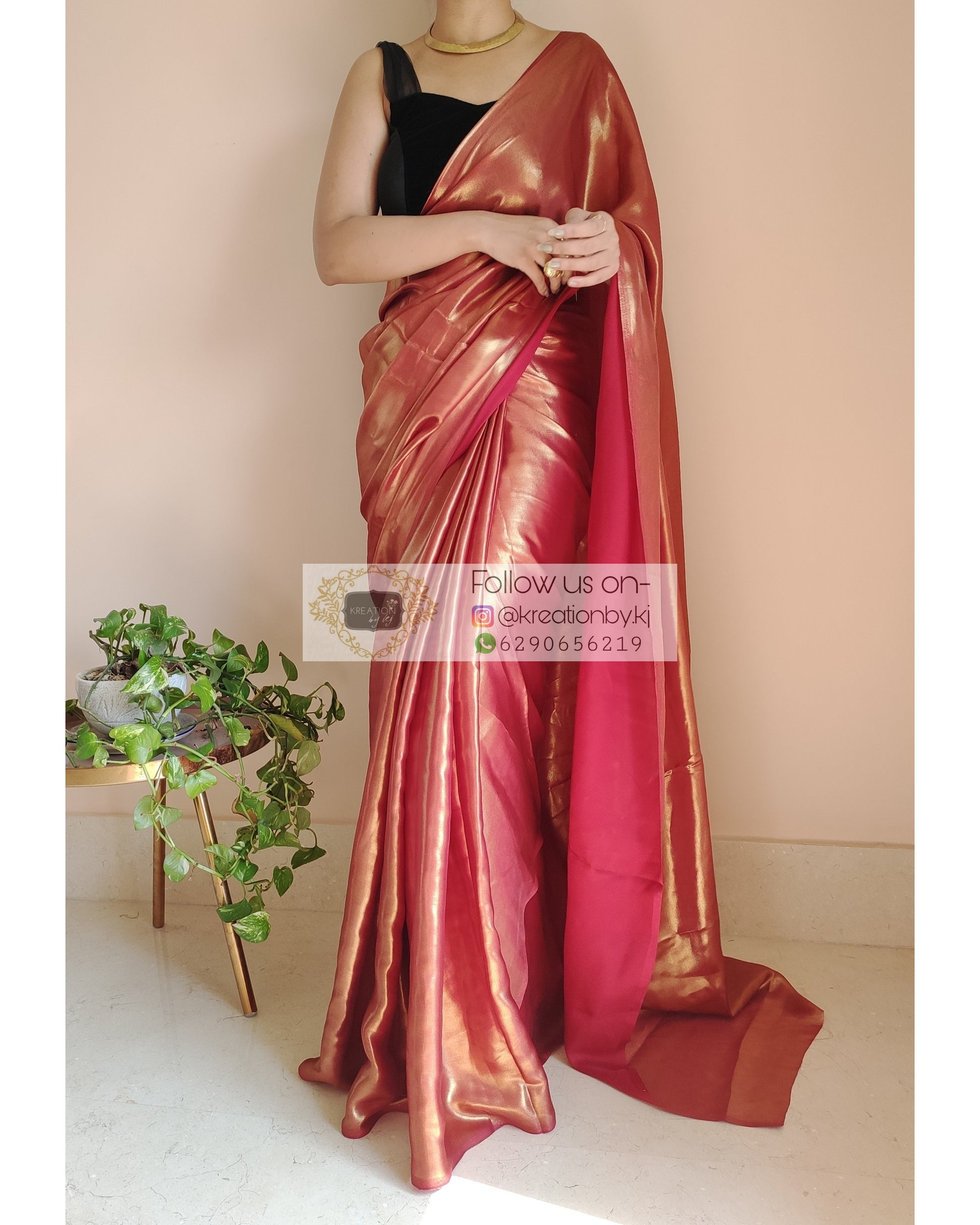 Molten Maroon Shimmer Satin Saree - kreationbykj